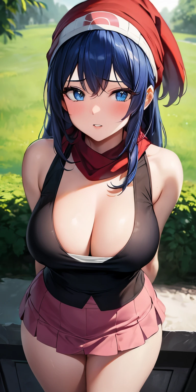 masterpiece, best quality, ultra-detailed, illustration,masterpiece, Best quality, high resolution, high resolution, dawn pokemon, long hair,sleeveless shirt, black shirt, red scarf, blue eyes, dark blue hair, beanie, hairpin, pink skirt,tight skirt, miniskirt,1girl,solo,parted lips,white background, ,beautiful detailed eyes, looking at viewer in a seductive look, close up, (breast focus), (arms behind back:1.2), (from above:1.1),big sized breasts, attempt to seduce,blush, cleavage ,(wide thighs)