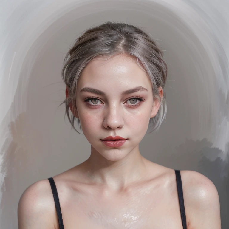 Figurative portrait of a beautiful Eerie girl, Short grey hair, Milky grey eyes, Soft red lips, Black top, White backdrop, dramatic brushstrokes, muted cool toned colors, light and movement in the impressionistic style, Longing expression, Impressionist emotional portrait, approaching perfection, high resolution, UHD, HDR, perfect masterpiece, award winning digital art