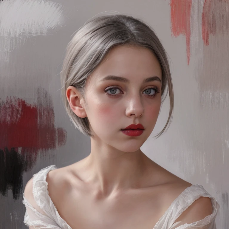 Figurative portrait of a beautiful Eerie girl, Short grey hair, Milky grey eyes, Soft red lips, Black top, White backdrop, dramatic brushstrokes, muted cool toned colors, light and movement in the impressionistic style, Longing expression, Impressionist emotional portrait, approaching perfection, high resolution, UHD, HDR, perfect masterpiece, award winning digital art