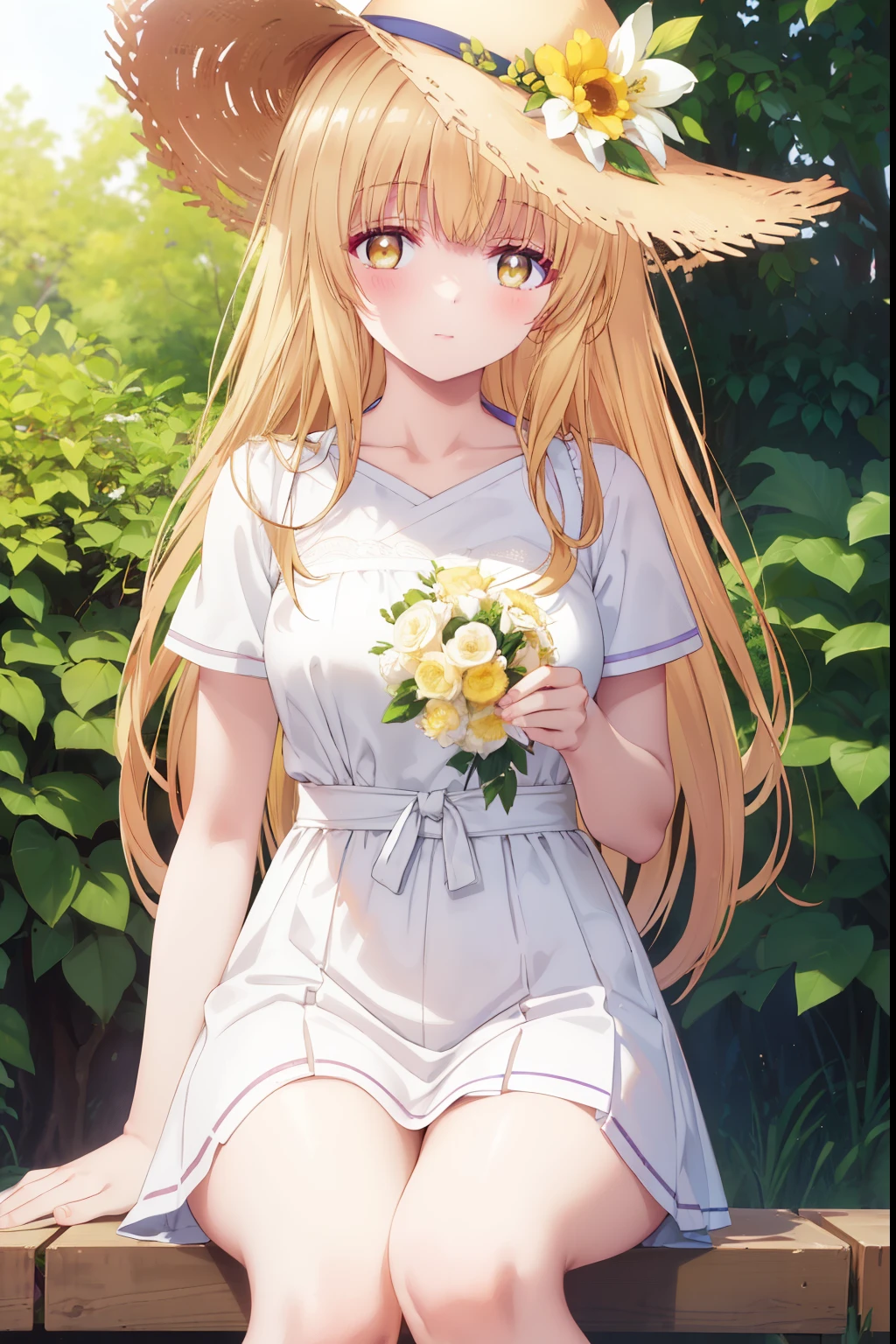 Mahiru shiina, , blonde, (Yellow Eyes:1.3)、Braided long hair,,blush,smile,Captivating thighs、Beautiful bare legs, Sideways armpit、Very cute short sleeve、Very beautiful garden、Holding a colorful bouquet💐、Wear a straw hat
(masterpiece:1.2), highest quality, High resolution, unity 8k wallpaper, (shape:0.8), (Beautiful and beautiful eyes:1.6), Highly detailed face, Perfect lighting, Extremely detailed CG, (Perfect hands, Perfect Anatomy),
