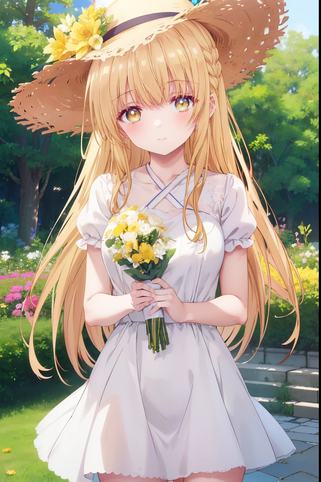Mahiru shiina, , blonde, (Yellow Eyes:1.3)、Braided long hair,,blush,smile,Captivating thighs、Beautiful bare legs, Sideways armpit、Very cute short sleeve、Very beautiful garden、Holding a colorful bouquet💐、Wear a straw hat
（masterpiece:1.2), highest quality, High resolution, unity 8k wallpaper, (shape:0.8), (Beautiful and beautiful eyes:1.6), Highly detailed face, Perfect lighting, Extremely detailed CG, (Perfect hands, Perfect Anatomy),