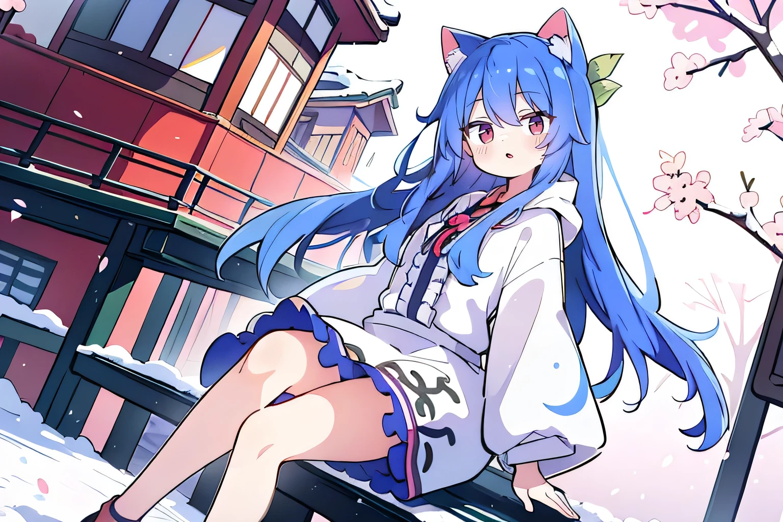 (masterpiece:1.2),Super detailed,lifelike,Expressive eyes,fair skin,perfect face shape,1 girl,
Japanese comics,Gorgeous blue hair,flowing blue hair,flowing clothes,Cat ears,Petals fall,beautiful lola,Baby Angel,
Cross your legs,Gentle and peaceful background,The pavilion is cool and comfortable,smile, wearing hoodie, background of tokyo,back views,snowing, winter.