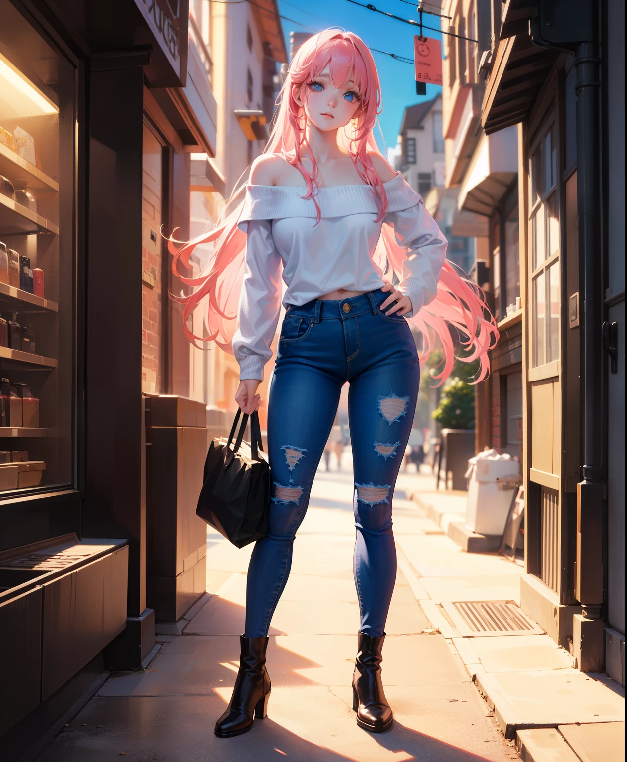 pink hair, (full body), (anime),ultra-detailed,((standing)), in casual clothes off-shoulder top, (baggy jeans), boots on legs, realistic posing, studio lighting, vivid colors, ultra-fine painting, flowing wavy hair, relaxed posture, park street, soft lighting, warm color tones, high-resolution image(4k), ultra-detailed，dynamicposes, (incredibly detailed eyes), Beautiful hairstyle, blue eyes, Beautiful details, Pale, smooth and luminous skin with iridescent shine and no imperfections, Ultra high definition, 16 years old girl