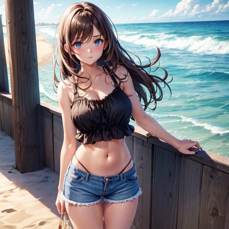 (girl), at the beach, wearing ripped short tight jeans, wearing a frilly tanktop, brown hair, blue eyes, very long hair, standing, blushing, large breasts, loads of tummy shown, part of panties shown