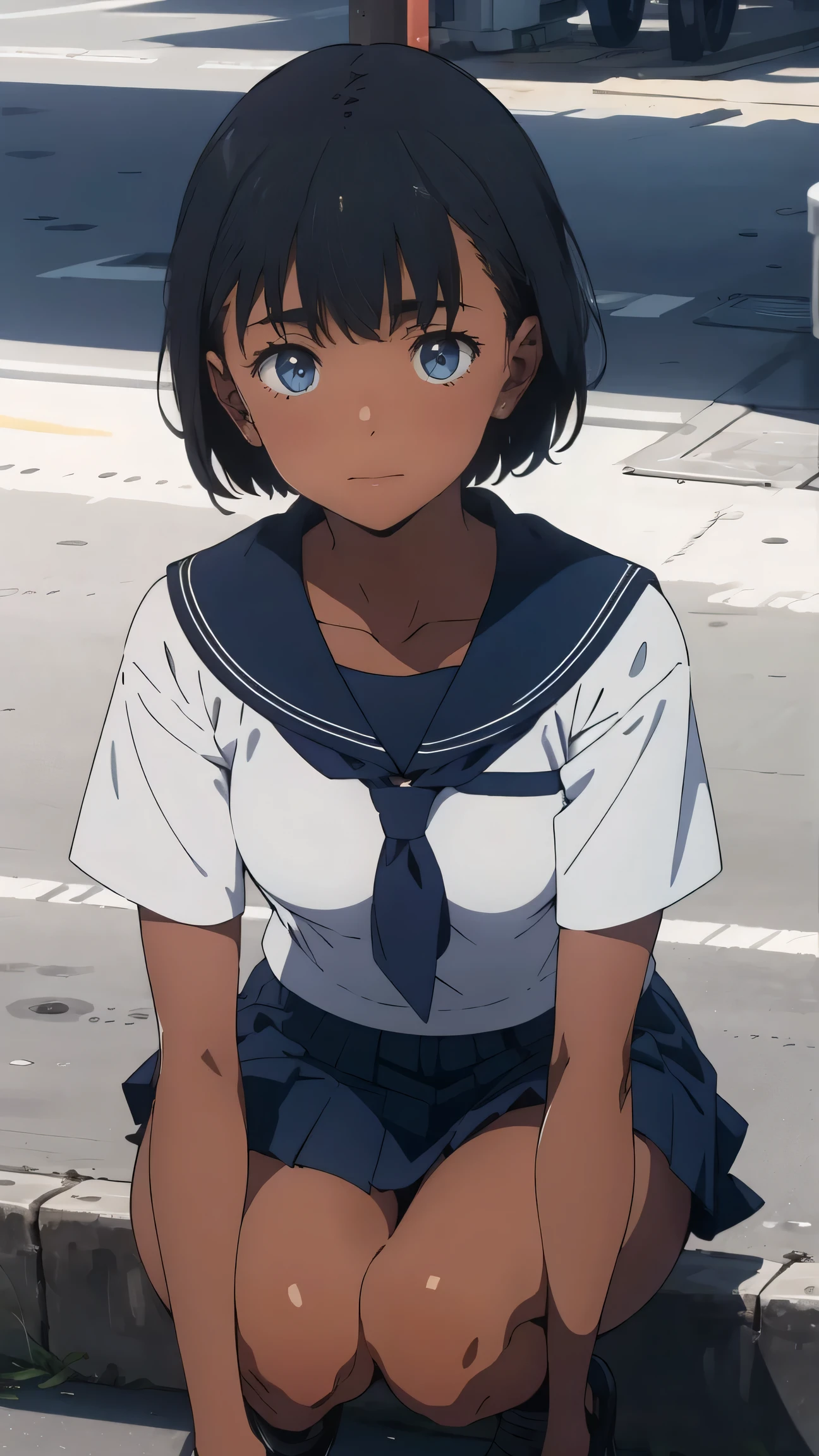 best quality, masterpiece, mio kofune, short hair, blue eyes, black hair, dark skin, dark-skinned female, (bright pupils:1.5), whole body,uniform, Sailor suit,Black school skirt, nsfw