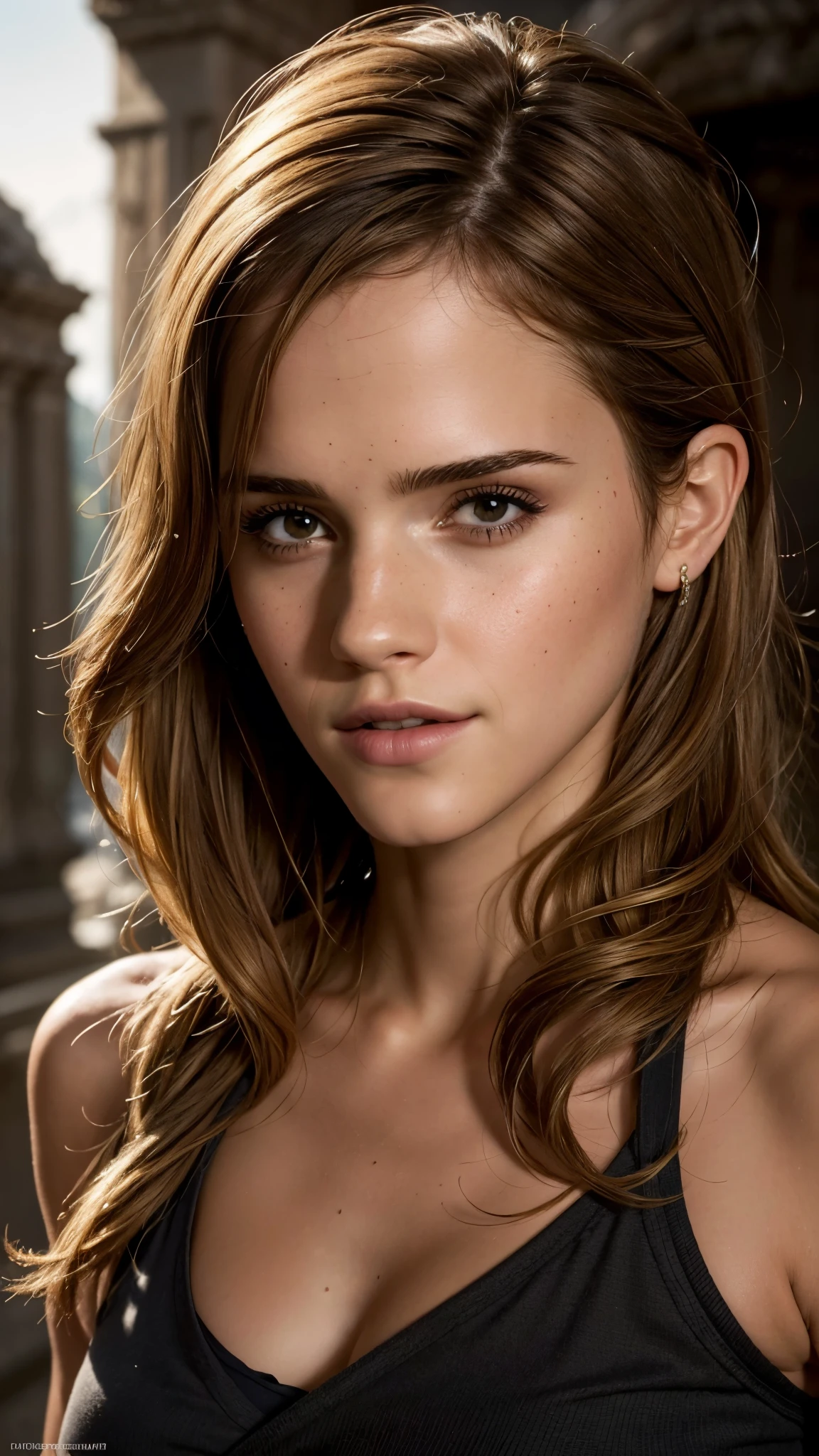 (best quality,4k,8k,highres,masterpiece:1.2),ultra-detailed,(realistic,photorealistic,photo-realistic:1.37),2 girls,Jessica Alba,((Emma Watson)),Lara Croft likeness,beautiful detailed eyes,beautiful detailed lips,extremely detailed eyes and face,long eyelashes,adventurous atmosphere,treasure hunting,action-packed scene,mysterious ruins,exotic landscapes,ancient artifacts,fierce expressions,dynamic poses,strategically placed lighting,dramatic shadows,vivid colors,portraits