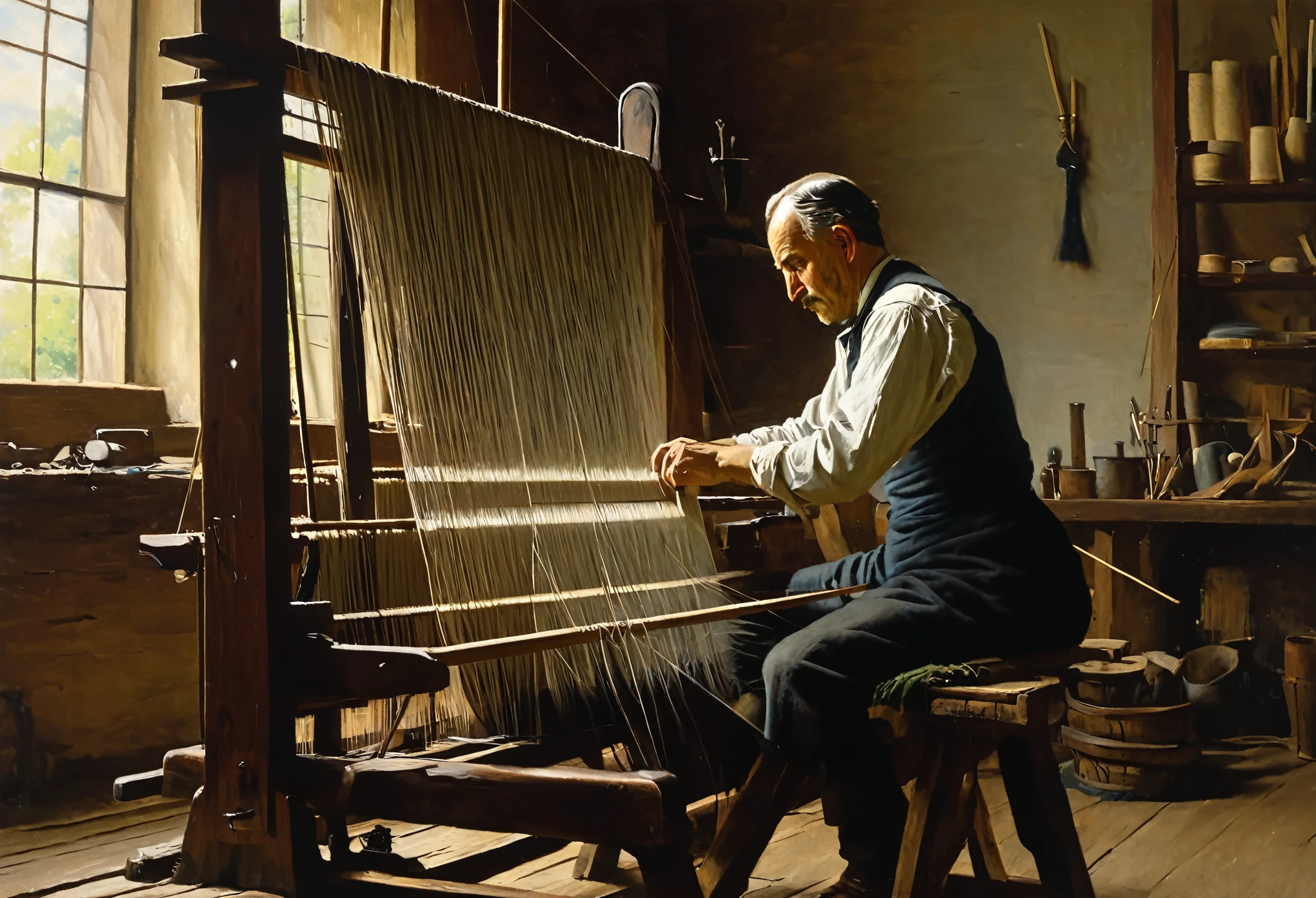 painting of a man weaving a piece of cloth on a loom, in the styles of thomas eakins, karl spitzweg. sharp focus, by J. Alden Weir, in a factory, by Jacob Maris, inspired by Jozef Israëls, inspired by Jacob Maris, by Henry Ossawa Tanner, frantisek kupka