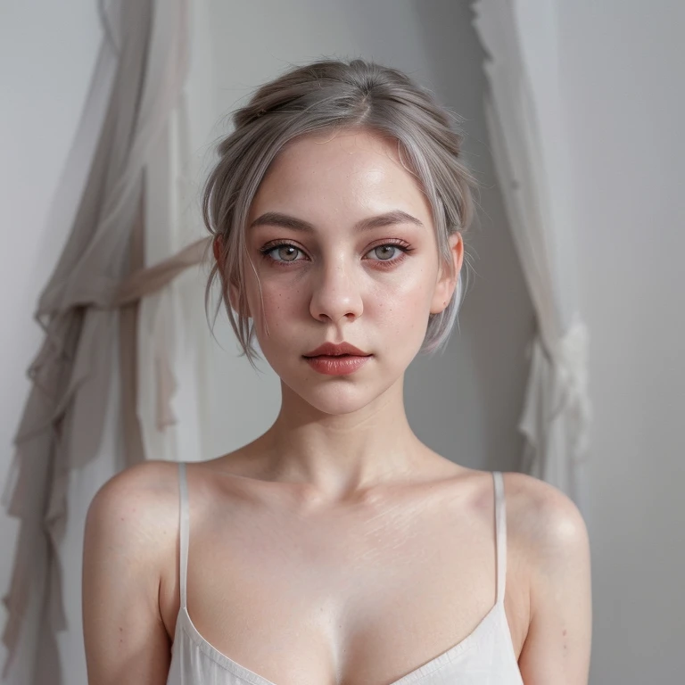 Figurative portrait of a beautiful Eerie girl, Short grey hair, Milky grey eyes, Soft red lips, Black top, White backdrop, dramatic brushstrokes, muted cool toned colors, light and movement in the impressionistic style, Longing expression, Impressionist emotional portrait, approaching perfection, high resolution, UHD, HDR, perfect masterpiece, award winning digital art