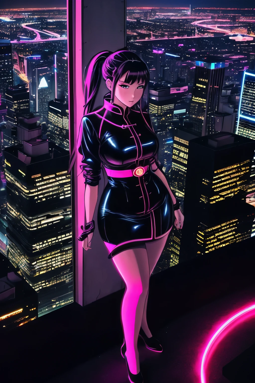 Anime, (artwork, best quality, ultra-detailed, high contrast), 1 woman (Alone, full body, plus size body, standing on the edge of a towering skyscraper, long silver hair tied up in a ponytail, red eyes with perfect ruby sparkles, simple black qipao clinging to her curves, black cybernetics with neon pink accents, transparent black socks exposing her plump calves), (skyscraper roof, overlooking a city in darkness, detailed background with low light pollution revealing a sprawling metropolis of twinkling neon lights and towering structures).
