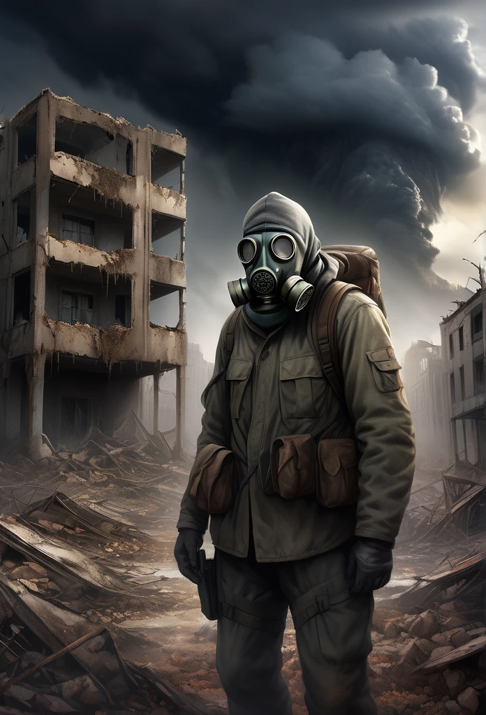 slightly bent, as a symbol of their unwavering resilience. The survivor's piercing eyes, filled with a mix of sorrow and hope, survey the desolate landscape before them. The air is thick with the scent of decay and destruction, while a dark, ominous sky hangs above, painted with hues of gray and hints of blood-red. The twisted remnants of buildings, crumbling with neglect and time, provide a stark backdrop to the survivor's struggle. In the distance, a faint glimmer of sunlight breaks through the clouds, casting a faint ray of light onto the survivor's determined face. Shadows dance around them, emphasizing the solitude and isolation they endure. The atmosphere is heavy with a sense of desolation and the weight of survival, illustrating the harsh reality of a world left in ruins. The scene is captured with exceptional attention to detail, with every line and texture meticulously represented to evoke a strong emotional response. The resulting image is a true masterpiece, blurring the lines between reality and art. The observer is left in awe of the survivor's indomitable spirit, reminding us of the resilience of the human soul in the face of adversity. (best quality, ultra-detailed, realistic:1.37), post-apocalyptic, HDR, war-torn, ruined city, survivor, gas mask, pistol, exhaustion, determination, solitude, desolation, decay, destruction, resilience, emotional, tattered combat gear