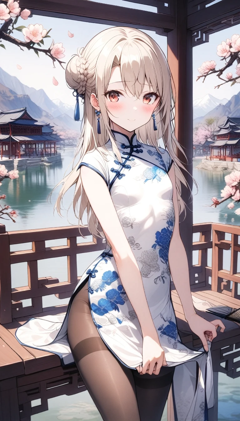 1girl,(illyasviel von einzbern),red_eyes,cream hair,(french braid),smile,blush,flower,beautiful detailed_background,small breasts,butterfly,((blue and white porcelain gorgeous qipao,china dress,chinese clothes,dress),shawl,gold trim,floral print,folding fan,jewelry,earrings,explicit,flower,general, hair_ornament,peach blossom,long_hair,looking_at_viewer,pantyhose,paper fan,print dress,solo,thighband pantyhose,questionable,sensitive,solo,tassel,tassel_earrings,(spring),Chinese style architecture, Chinese style, lake, ancient town, beautiful and meticulous water, (Fishing boat), pavilion,steam,Surrounding by falling peach blossoms petals,