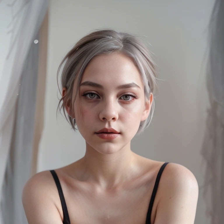 Figurative portrait of a beautiful Eerie girl, Short grey hair, Milky grey eyes, Soft red lips, Black top, White backdrop, dramatic brushstrokes, muted cool toned colors, light and movement in the impressionistic style, Longing expression, Impressionist emotional portrait, approaching perfection, high resolution, UHD, HDR, perfect masterpiece, award winning digital art