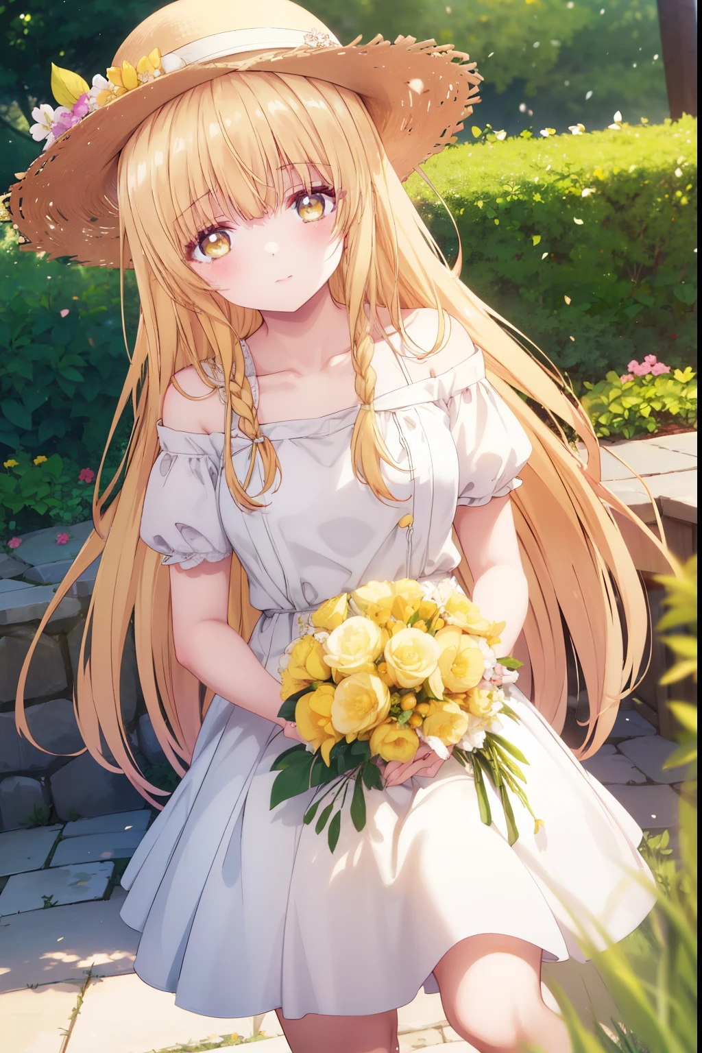 Mahiru shiina, , blonde, (Yellow Eyes:1.3)、Braided long hair,,blush,smile,Captivating thighs、Beautiful bare legs, Sideways armpit、Very cute short sleeve、Very beautiful garden、Holding a colorful bouquet💐、Wear a straw hat
（masterpiece:1.2), highest quality, High resolution, unity 8k wallpaper, (shape:0.8), (Beautiful and beautiful eyes:1.6), Highly detailed face, Perfect lighting, Extremely detailed CG, (Perfect hands, Perfect Anatomy),