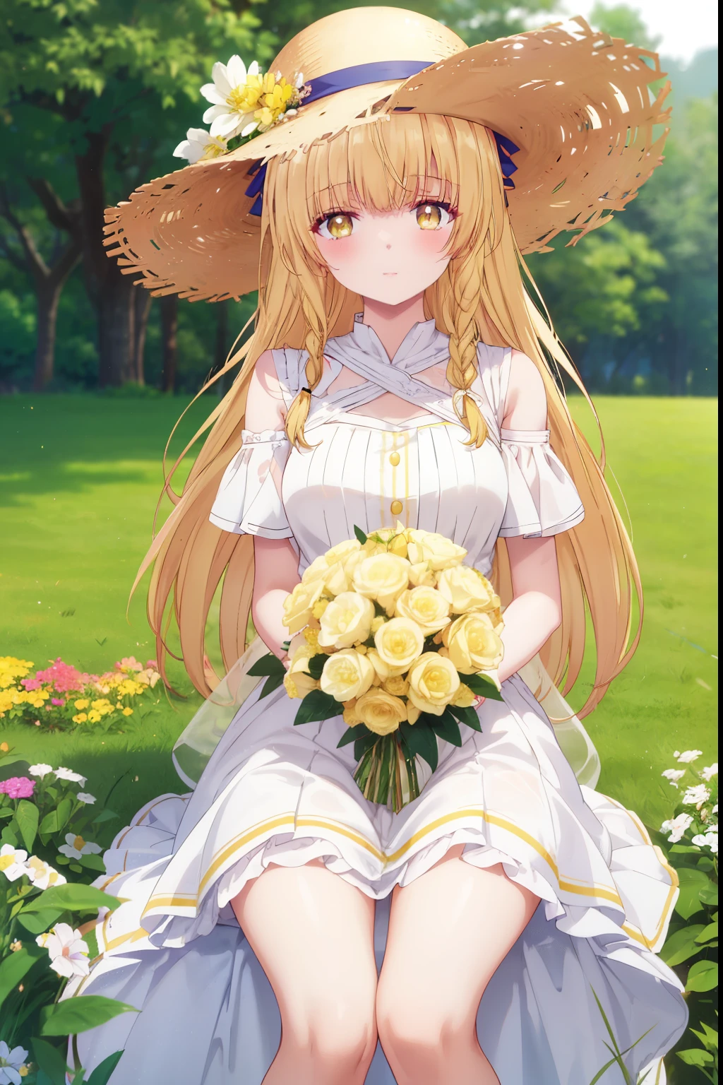 Mahiru shiina, , blonde, (Yellow Eyes:1.3)、Braided long hair,,blush,smile,Captivating thighs、Beautiful bare legs, Sideways armpit、Very cute short sleeve、Very beautiful garden、Holding a colorful bouquet💐、Wear a straw hat
(masterpiece:1.2), highest quality, High resolution, unity 8k wallpaper, (shape:0.8), (Beautiful and beautiful eyes:1.6), Highly detailed face, Perfect lighting, Extremely detailed CG, (Perfect hands, Perfect Anatomy),