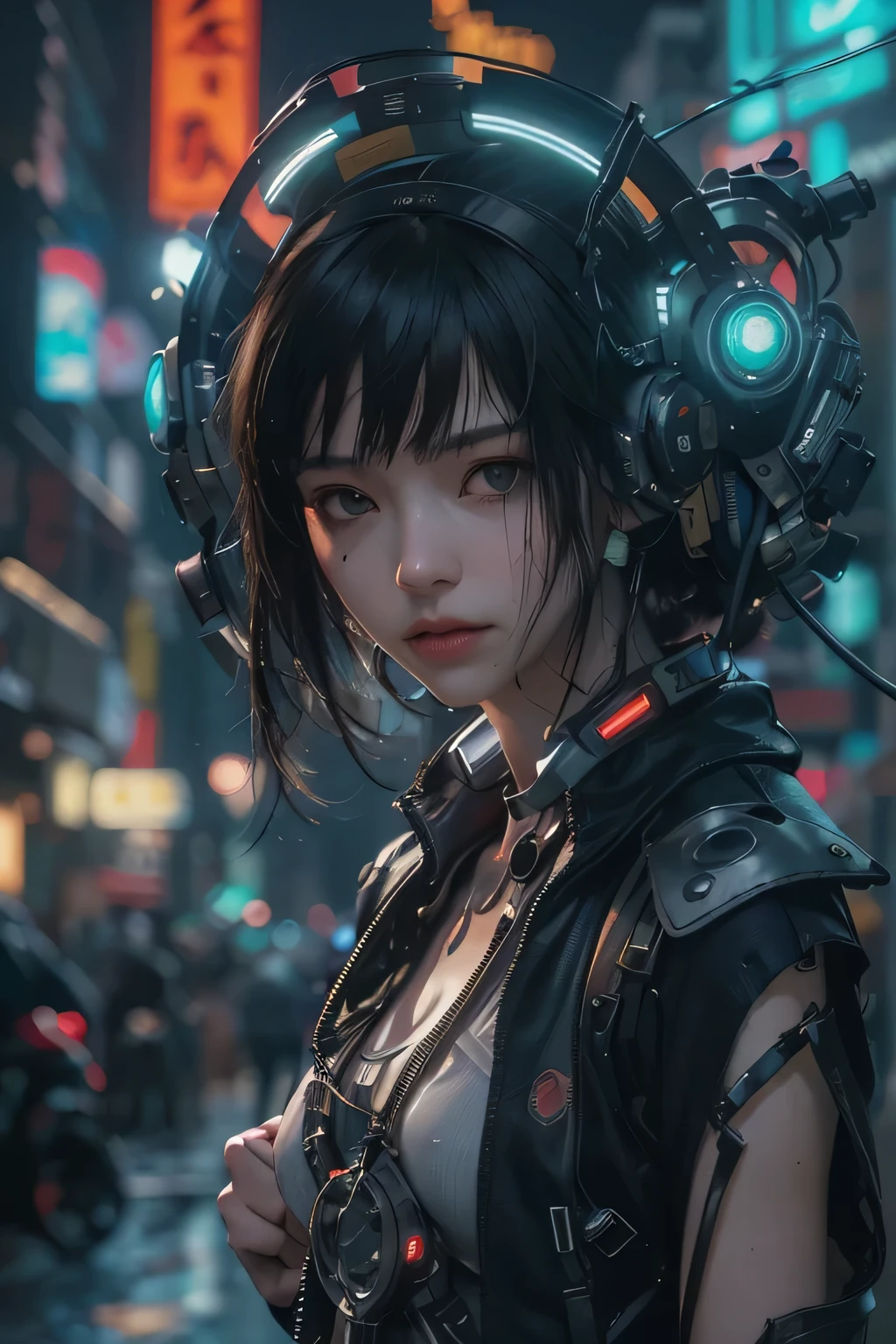 Top quality, Masterpiece, Ultra-high resolution, ((Photorealistic: 1.4), RAW photos, 1 Cyberpunk Girl, Black hair, Glowing skin, 2 mechanical girls, (Ultra-realistic details)), Global Illumination, Deep shadows, Octane Rendering, 8K, Super sharp, metal, Intricate Ornament Details, Egyptian details, Very intricate details, Realistic light, CG Trends, Facing the camera, Neon light details, Mechanical limbs, Tubes attached to mechanical parts, Mechanical vertebrae attached to the back, mechanical cervical attachment to the neck, Wires and cables connected to the head, Evangelion, Small luminous lamps, Umbrella in hand, (Dazzling cyberpunk city streets in the background).