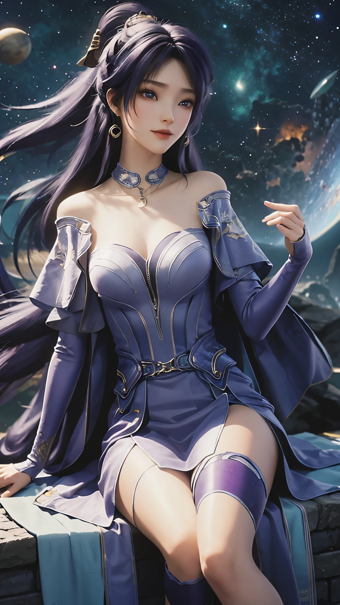 Ultra HD, 8K picture quality, A girl, Happy, Very long blue-purple hair, Blurry Purple Dress, Delicate eyes, Sitting, whole body，whole body盘腿，Unreal Engine 5,Background cosmic galaxy，background illusory，Thigh black，Black silk legs，Tulle draped over shoulders，Does not expose the sulcus，Black stockings thigh