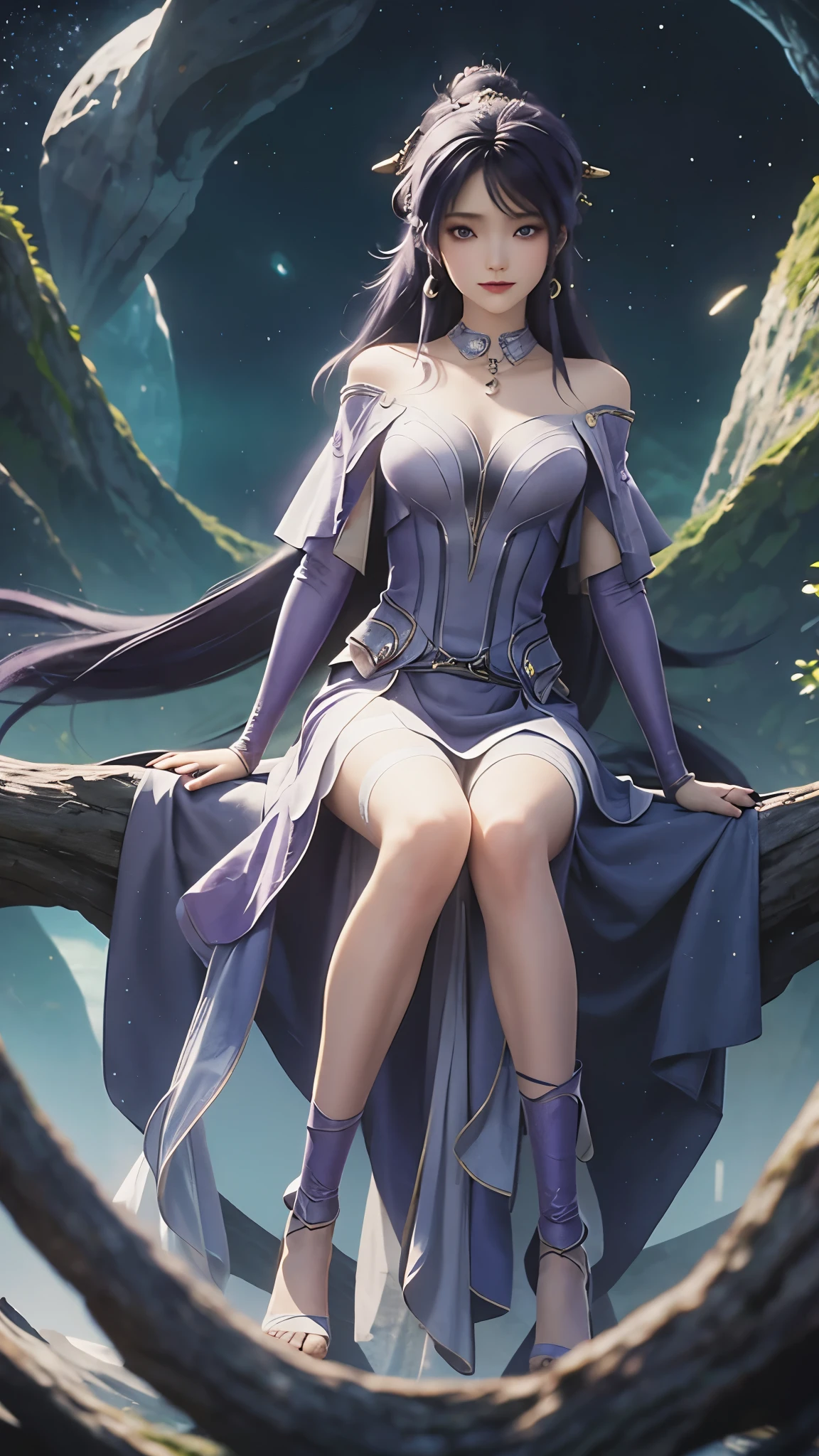 Ultra HD, 8K picture quality, A girl, Happy, Very long blue-purple hair, Blurry Purple Dress, Delicate eyes, Sitting, （（whole body）），barefoot，whole body盘腿，Unreal Engine 5,Background cosmic galaxy，background illusory，Thigh black，Black silk legs，Tulle draped over shoulders，Does not expose the sulcus，Black stockings，Long black stockings