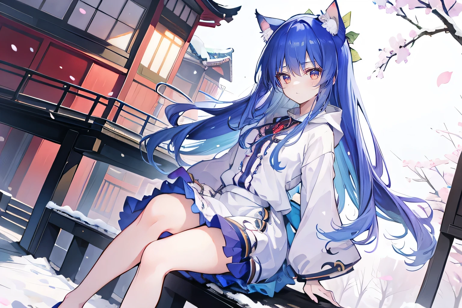 （masterpiece：1.2），Super detailed，lifelike，Expressive eyes，fair skin，perfect face shape，1 girl，
Japanese comics,Gorgeous blue hair,flowing blue hair,flowing clothes,Cat ears,Petals fall,beautiful lola,Baby Angel,
Cross your legs，Gentle and peaceful background，The pavilion is cool and comfortable,smile, wearing hoodie, background of tokyo,back views,snowing, winter.