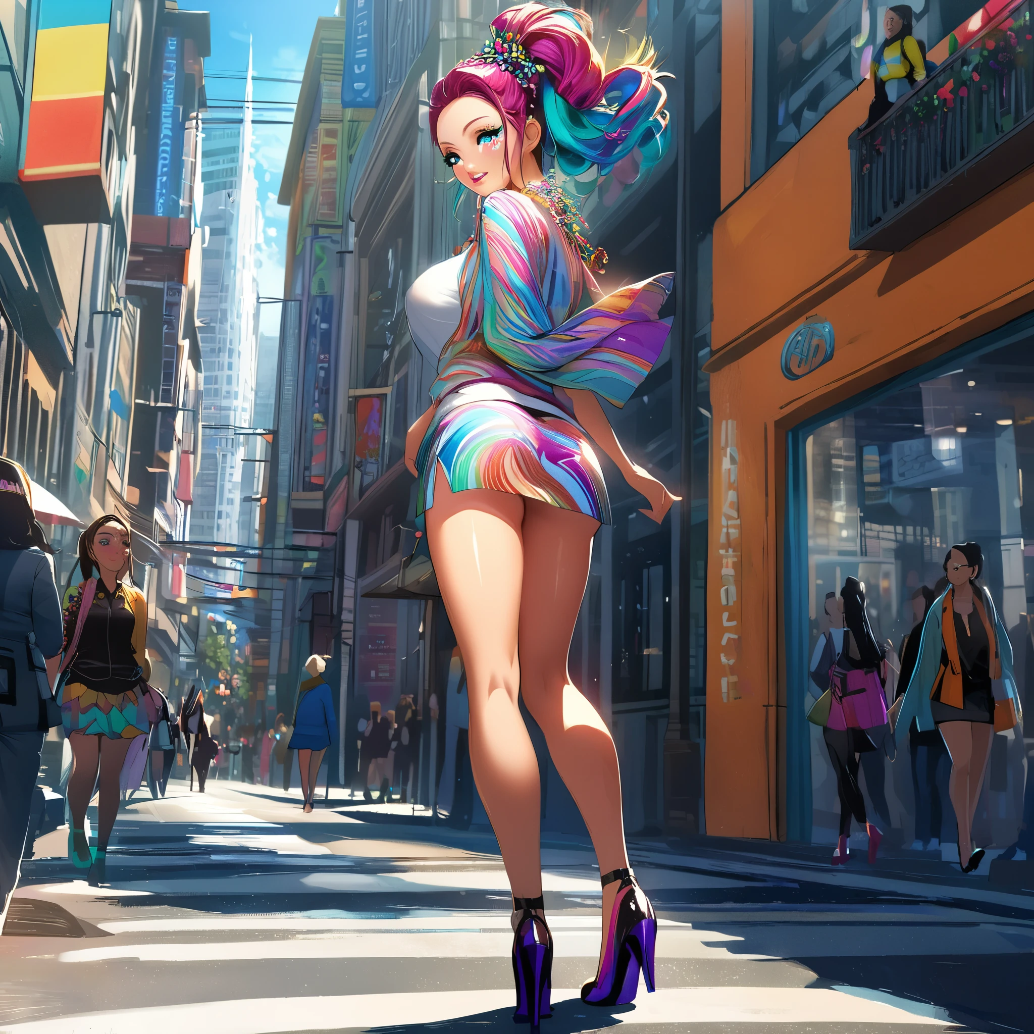 (a girl),cute woman,walking down the sidewalk,short mini skirt,mid day,lots of traffic,(viewed from behind),(head to toe),full body shot,happy expression,beautiful detailed eyes,beautiful detailed lips,(long eyelashes),(colorful makeup),ponytail hairstyle,(fancy accessories),(fit and attractive body),(confident posture),(high-heeled shoes),busy city street,pedestrians,cars passing by,urban environment,sunny weather,vibrant atmosphere,(fast-paced city life),(lively energy),(bright and vivid colors),(lively and energetic mood),sunny day lighting,ambient light,hustle and bustle life,nice weather for a walk