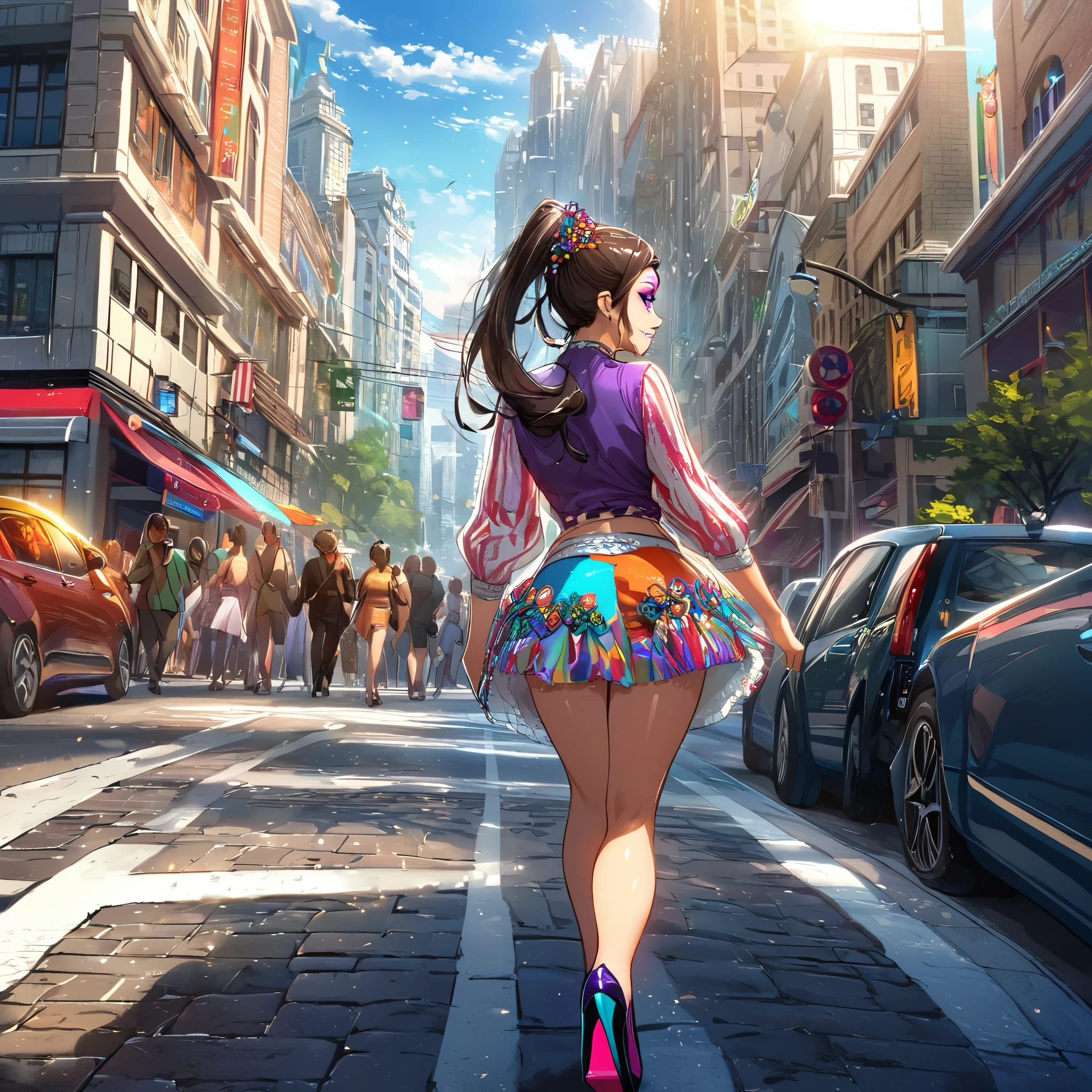 (a girl),cute woman,walking down the sidewalk,short mini skirt,mid day,lots of traffic,(viewed from behind),(head to toe),full body shot,happy expression,beautiful detailed eyes,beautiful detailed lips,(long eyelashes),(colorful makeup),ponytail hairstyle,(fancy accessories),(fit and attractive body),(confident posture),(high-heeled shoes),busy city street,pedestrians,cars passing by,urban environment,sunny weather,vibrant atmosphere,(fast-paced city life),(lively energy),(bright and vivid colors),(lively and energetic mood),sunny day lighting,ambient light,hustle and bustle life,nice weather for a walk