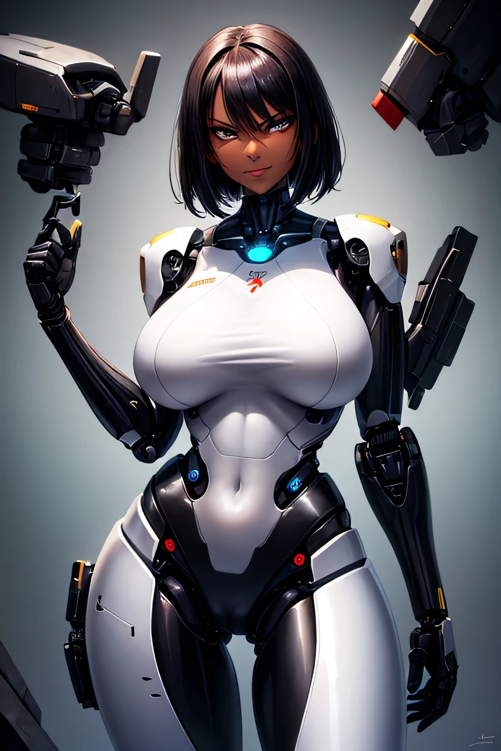 tall, shiny skin, glossy skin, huge breasts, fit, dark skin, very dark skin, very long legs , cameltoe, robot, android, cyborg, short black hair, angry smile