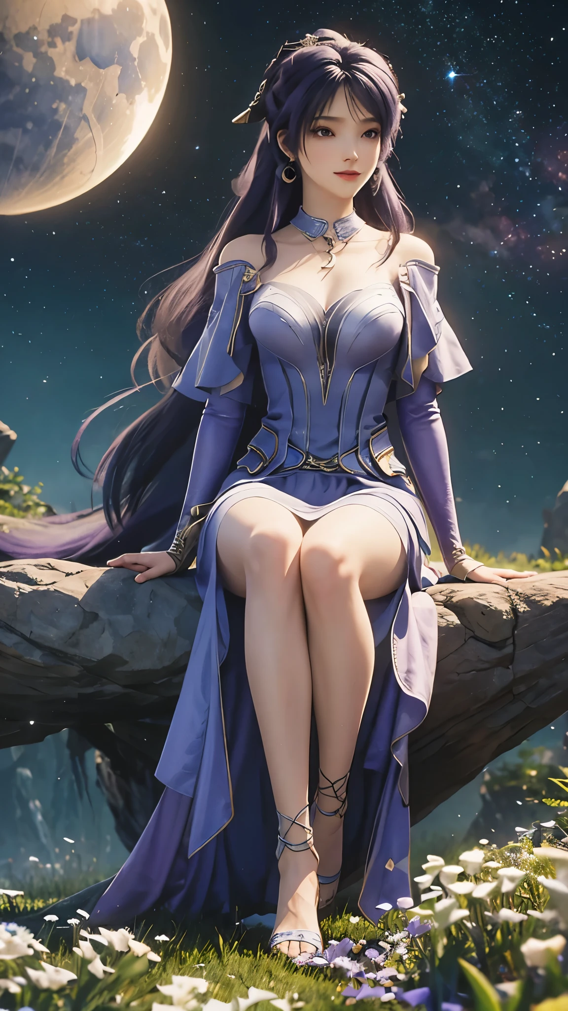 Ultra HD, 8K picture quality, A girl, Happy, Very long blue-purple hair, Blurry Purple Dress, Delicate eyes, Sitting, Sitting on the moon,Crescent Moon,((whole body)),barefoot,Unreal Engine 5,Background cosmic galaxy,background illusory,Thigh black,Black silk legs,Tulle draped over shoulders,Does not expose the sulcus,Black stockings,((Long black stockings))