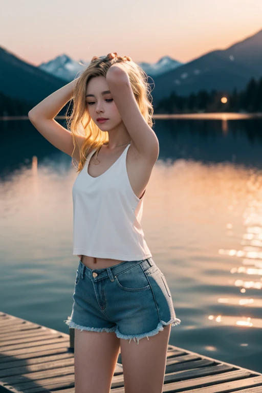 Young woman standing on a weathered wooden pier stretching out over a calm mountain lake at sunset. Wearing cut-off denim shorts and a loose white tank top, She put her hands in her pockets、I gaze thoughtfully at the glassy surface of the water.. Her long honey-blonde hair glows in the golden light of the setting sun. The feeling of peace and loneliness is、The sky disappears into pastel colors、When the runes begin their obvious call、Immerse yourself in this alpine scene at the end of the day,
movie,