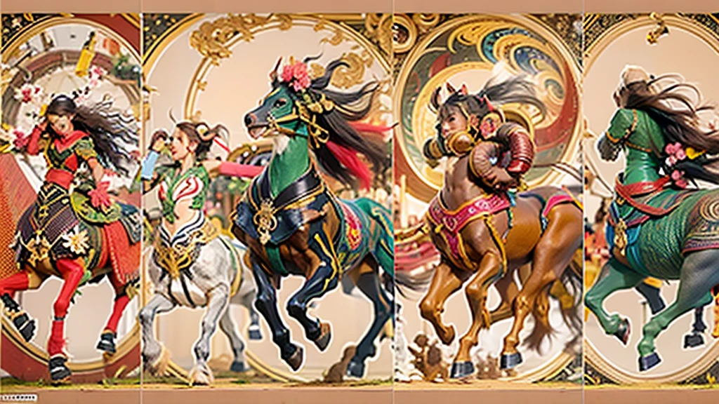 In the beautiful illustration of this super-grand scene,The ultra-long-range lens is shown(Over eight unique centaur characters:9.9),They all have their own characteristics,Vivid and interesting。Radiant angelic centaurs from the heavenly realm,To the hellish centaurs surrounded by nightmarish flames,And then to the Wind Fairy Centaur dancing in the air,There are also one-horned centaurs surrounded by thunder and lightning,and mechanical centaurs that shine with metallic light,And then to the powerful dragon centaur with colored dragon scales covering the whole body,The elegant and agile elf centaur always wears a flower crown with its slender graceful lines,Enchanting and charming Tiflin centaurs。Each character has their own unique charms and abilities。The illustration uses advanced artistic techniques and tools,(Divide the scene into sections by geometric arrangement:9.9),Each section corresponds to a centaur character,This makes more efficient use of space。Through Midjourney's advanced brush tools、Color palette、Material packs and model packs,For each centaur, beautiful props are designed to increase racial characteristics、Clothing and physical features,Enhances the character's personality and visual appeal。The scenery in the illustrations is stunning,There are changing skies、rainbowing、extreme light、Stars and Moon。Incorporating iconic landmarks such as Mount Everest,and fireworks、tranquil lake、Natural and urban elements of waves and neon lights,Creates a magical atmosphere。The centaurs display their unique abilities and equipment in a variety of environments,This is true even in extreme alien landscapes。(Use Midjourney's tools、Material packs、Texture tools、The color palette makes depicting details vivid and realistic:9.9),From complex hairstyles and as well as different racial traits、Body、Appearance features、Clothing to real textures,This greatly enhances the realism of the characters and surroundings。The fusion of multiple art styles adds movement to the centaur's