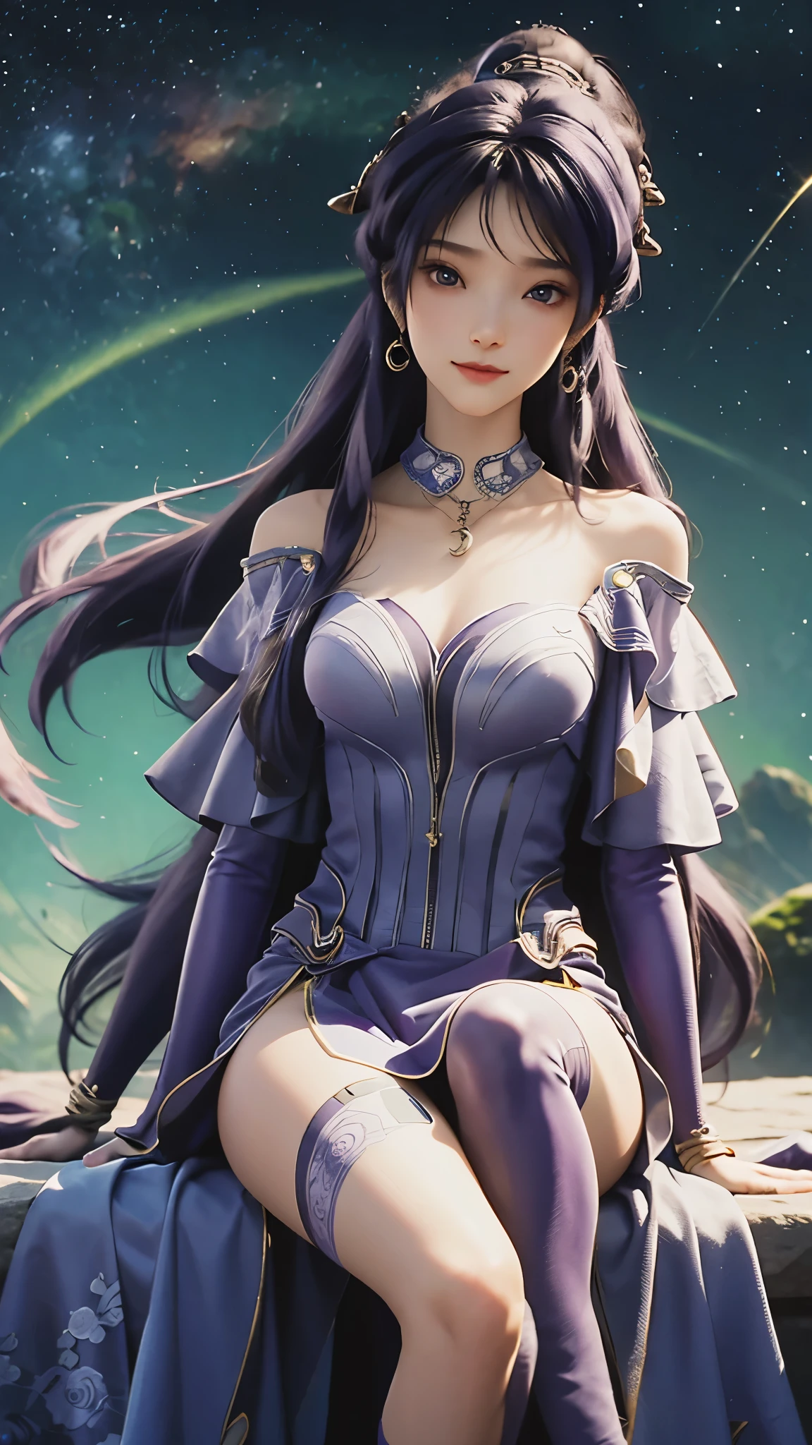 Ultra HD, 8K picture quality, A girl, Happy, Very long blue-purple hair, Blurry Purple Dress, Delicate eyes, Sitting,Sitting on the bed， （（whole body）），barefoot，whole body盘腿，Unreal Engine 5,Background cosmic galaxy，background illusory，Thigh black，Black silk legs，Tulle draped over shoulders，Does not expose the sulcus，Black stockings，（（Long black stockings））