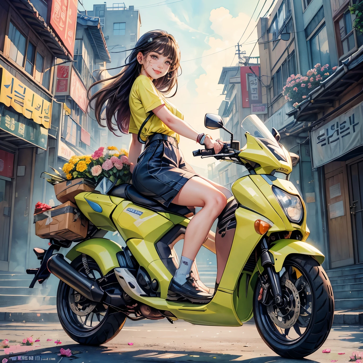 (panoramic:1.5), realistic, Illustration in flat photography style, 2D Format, Illustration of a cheerful delivery girl riding a motorcycle. She is portrayed as a lovely, Optimistic girl,With a happy smile, Endure the daily hard work of delivering goods without complaint. Wear standard work clothes, She shuttled through the busy city streets. This girl embodies wisdom, beauty, and diligence, Shows a sweet and admirable personality. This photo captured her at an ultra-wide angle, panoramic view of the city, Emphasis on reality, (Flowers Watercolor:1.5), (Ultra high saturation, Bright and vivid colors: 1.5), (National Foundation), (For the audience: 1.5), (Anatomically correct,Accurate and perfect Korean female facial features:1.5)