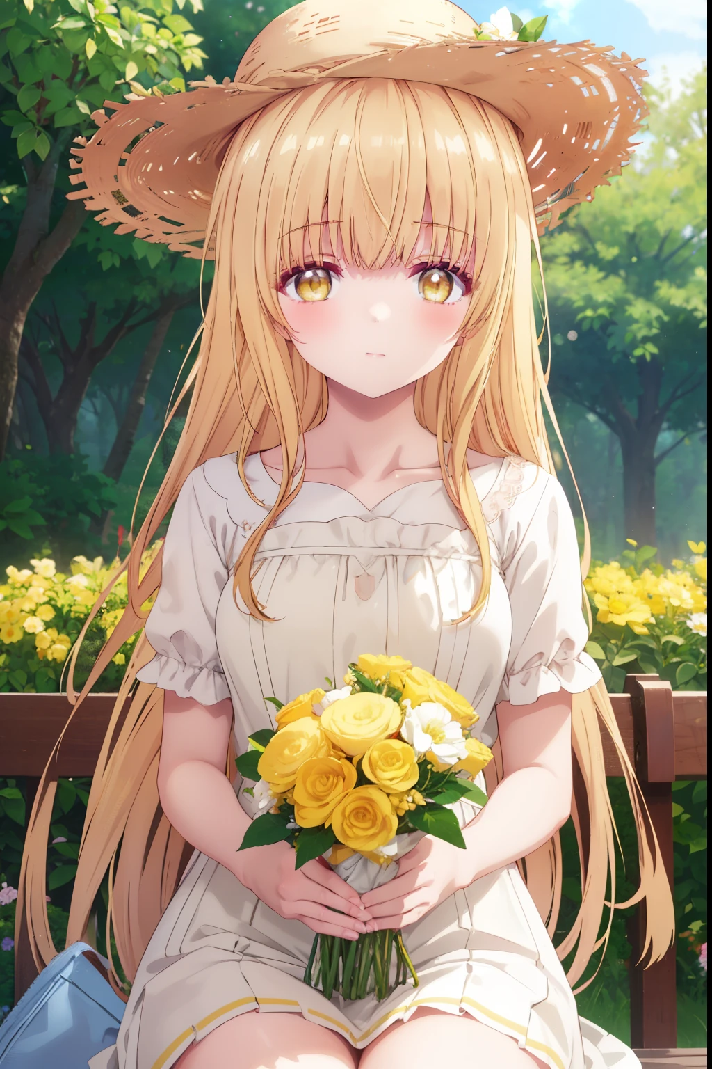 Mahiru shiina, , blonde, (Yellow Eyes:1.3)、Braided long hair,,blush,smile,Captivating thighs、Beautiful bare legs, Sideways armpit、Very cute short sleeve、Very beautiful garden、Holding a colorful bouquet💐、Wear a straw hat
（masterpiece:1.2), highest quality, High resolution, unity 8k wallpaper, (shape:0.8), (Beautiful and beautiful eyes:1.6), Highly detailed face, Perfect lighting, Highly detailed CG, (Perfect hands, Perfect Anatomy),