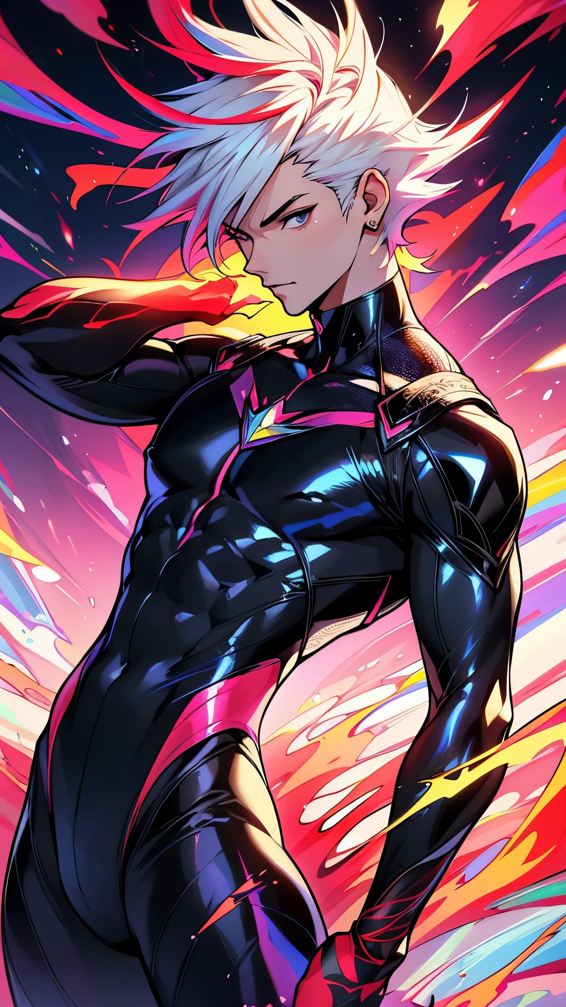 full-length, perfectly structured, anime style, prismatic lavish skin, a stunningly beautiful man, short hair, nice and perfect face, prismatic crystals in the air, 2d illustration, done in photoshop, natural proportions, headroom, vibrant fire colors, cinematic smoke, dynamic composition, highly detailed, sharp and crisp image, intricate details, correct anatomy, stunning, sublime, prismatic color explosion, fluid shapes,Sleeveless black bodysuit,Red and white hair,1 boy