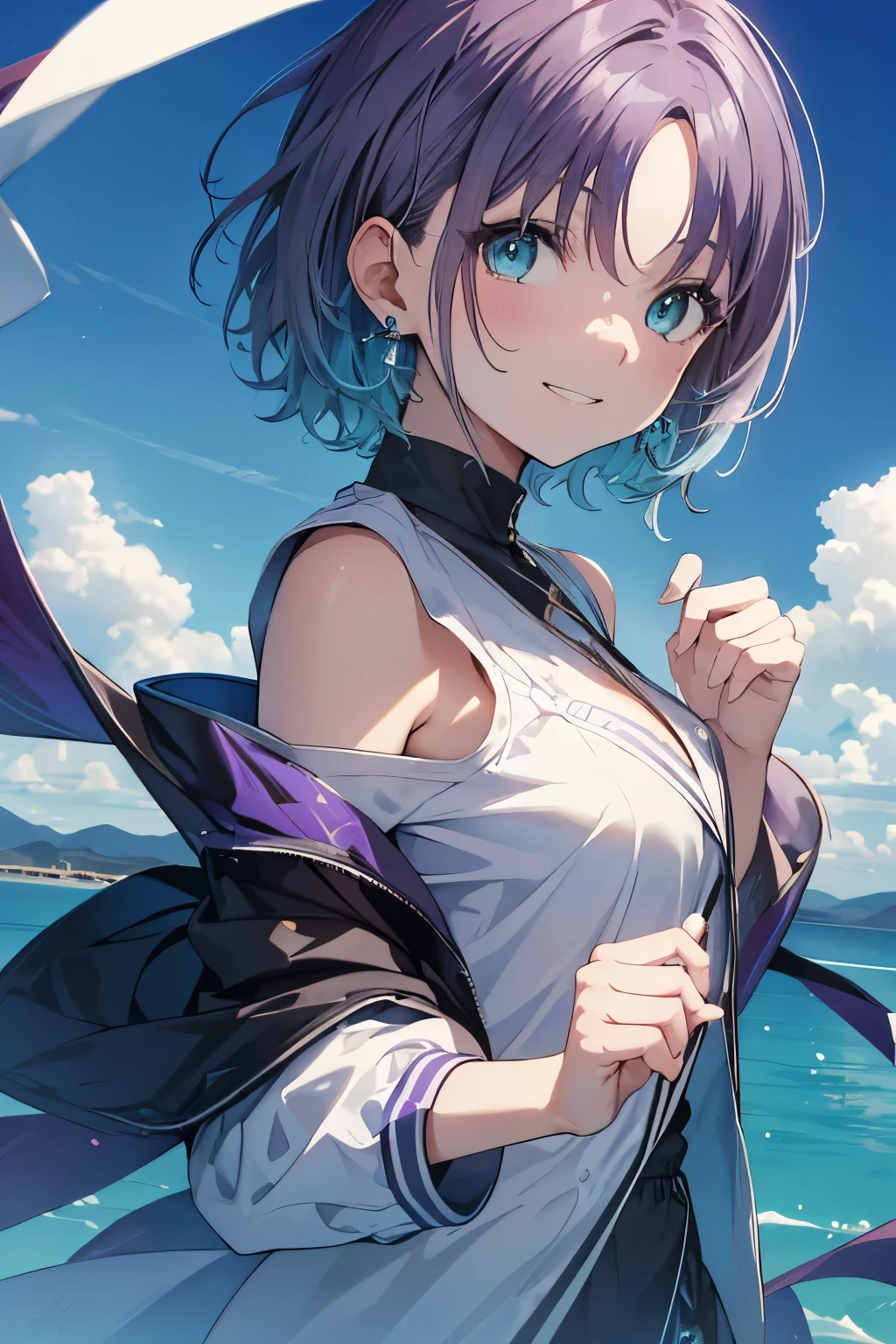 1girl in、NFSW, Face, (((Toru Asakura:1.37, Solo))), (((Close-up of face))), (Beautiful face, Cute face, Detailed face), (((Singingﾙ))), (((Detailed beautiful green eyes))), BREAK, (((Sunny))), (((In Salar de Uyuni))),(((A mirrored world that is so vast that you can see it))), (((blue hairs、earrings、gradation hair、multi color hair、Parted bangs、Purple hair、short-cut、Pure white idol costume))), BREAK, extremely detailed CG unified 8k wallpaper, very fine 8KCG wallpaper, anime moe art style, Anime visuals of cute girls, anime style portrait, In an anime style, Beautiful anime, 8K Anime Art Style, In anime style、8K animation with detailed drawings, (​masterpiece, Best Quality), High resolution, Ultra-detailed, ultra-sharp, Cinematic lighting、The upper part of the body、Extreme close-up view、HDR、UHD、8K、Glowing eyes,　blue-sky、sparkling pupils,happy,　sparkling pupils,happy,reaching out ,forward hands,floating hair, shiny hair,outdoors, wind,sparkling pupils,happy,sexy body,(Perfect Anatomy:1.2),((Perfect hands:1.2)),shoot from side、top-quality、Full limbs、complete fingers、、、Dancing、A big smile、from above、dutch angle、very wide shot、Reflecting the sky on the surface of the lake「Mirror in the Sky」A mysterious superb view called