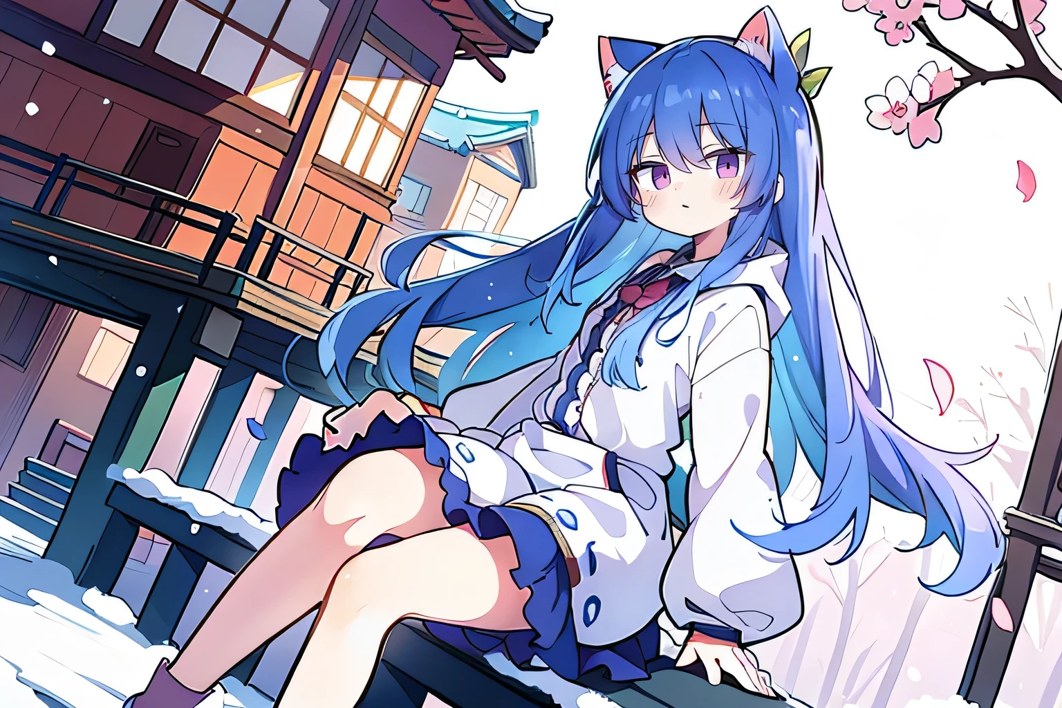 (masterpiece:1.2),Super detailed,lifelike,Expressive eyes,fair skin,perfect face shape,1 girl,
Japanese comics,Gorgeous blue hair,flowing blue hair,flowing clothes,Cat ears,Petals fall,beautiful lola,Baby Angel,
Cross your legs,Gentle and peaceful background,The pavilion is cool and comfortable,smile, wearing hoodie, background of tokyo,back views,snowing, winter.