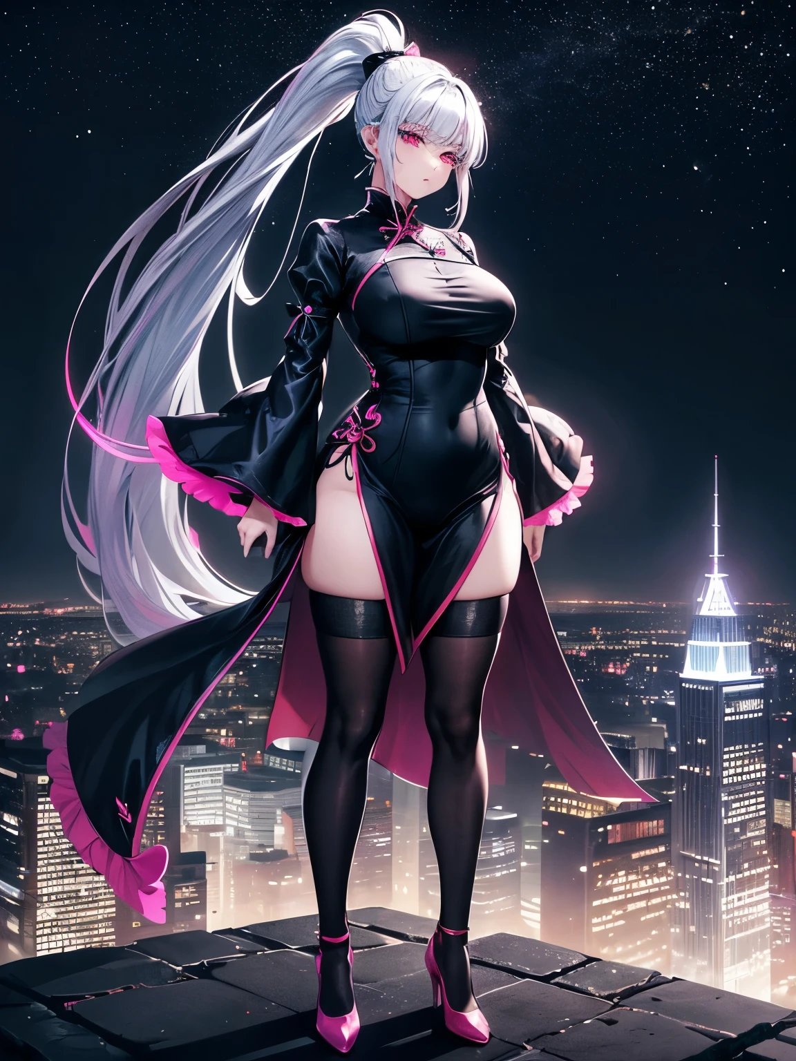 anime, (artwork, best quality, ultra-detailed, high contrast), 1 woman (Alone, full body, plus size body, standing on the edge of the skyscraper, silver hair, LONG In a ponytail, red eyes, perfect eyes ruby sparkles, (simple black qipao, black cybernetics with neon pink), transparent black socks), (skyscraper roof, overlooking a city, detailed background ((night time, Darkness, low light pollution)))