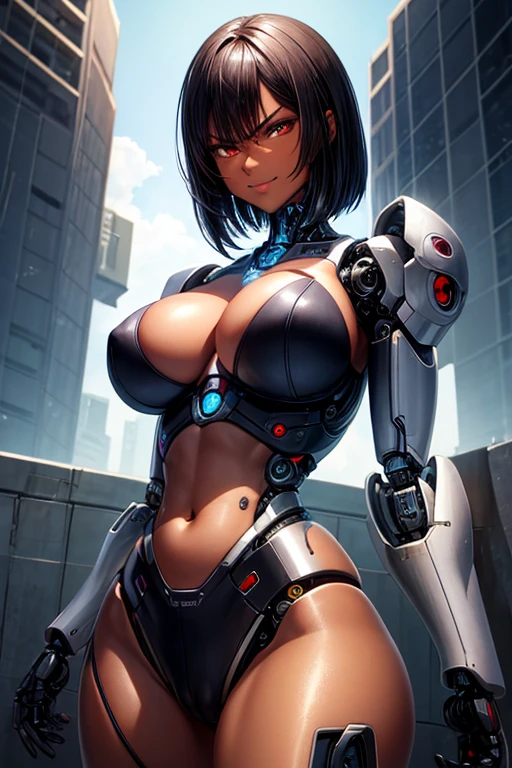 tall, shiny skin, glossy skin, huge breasts, fit, dark skin, very dark skin, very long legs , cameltoe, robot, android, cyborg, short black hair, angry smile, erotic