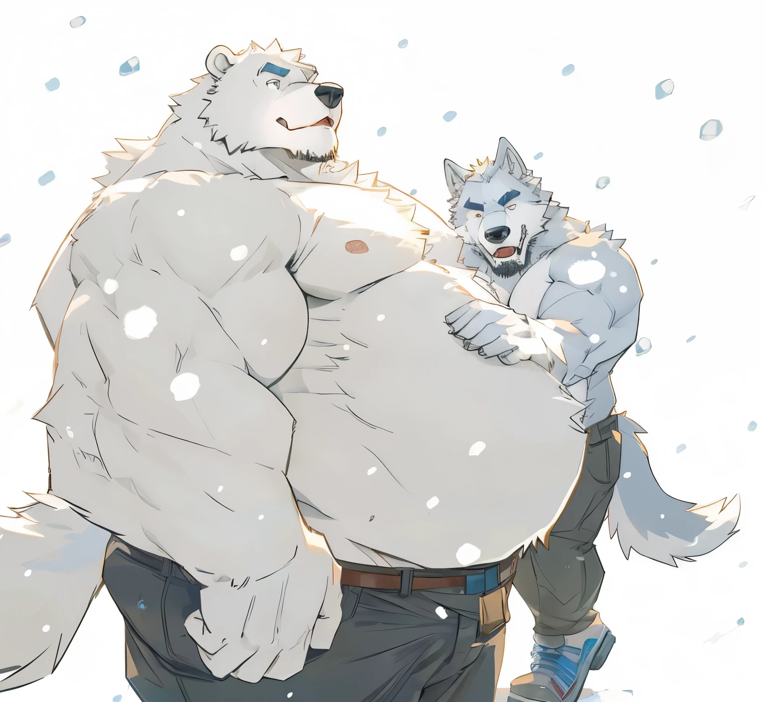 huge and fat, big belly, snow, long beards, old man, (furry bear) and wolf, hugs, shirtless, topless, white bear, polar bear, lake