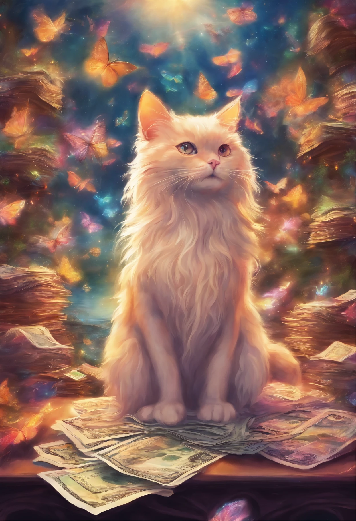 Cat counting stacks of bills,Soft pastel colors,sunglassesを装着,Whimsical fantasy creatures,realistic fur texture,Sparkling fur,sunglasses,Mischievous Smile,Enchanting background with twinkling stars,Fantastic lighting,Night Creatures Tags,Artistically detailed illustrations,High resolution,Beautiful Landscape,Breathtaking views,Vibrant colors,Fantasy art style
