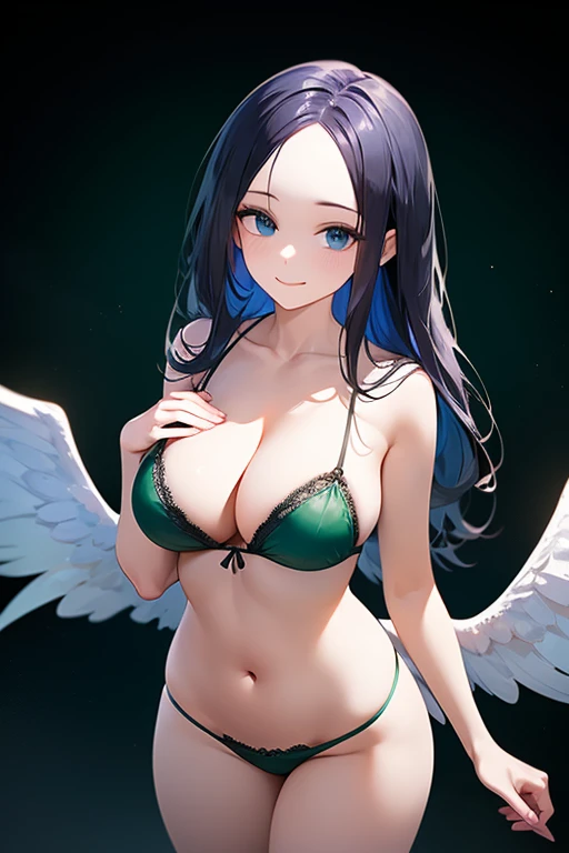 (((forehead))), (masterpiece, best quality), intricate details, 8k, artstation, wallpaper, official art, splash art, sharp focus, 1girl,barefaced,((green lingerie)), ((white wings)),black hair, blue eyes, smile, sexy, large breast, sexy, Sexy, big bust, beautiful body,