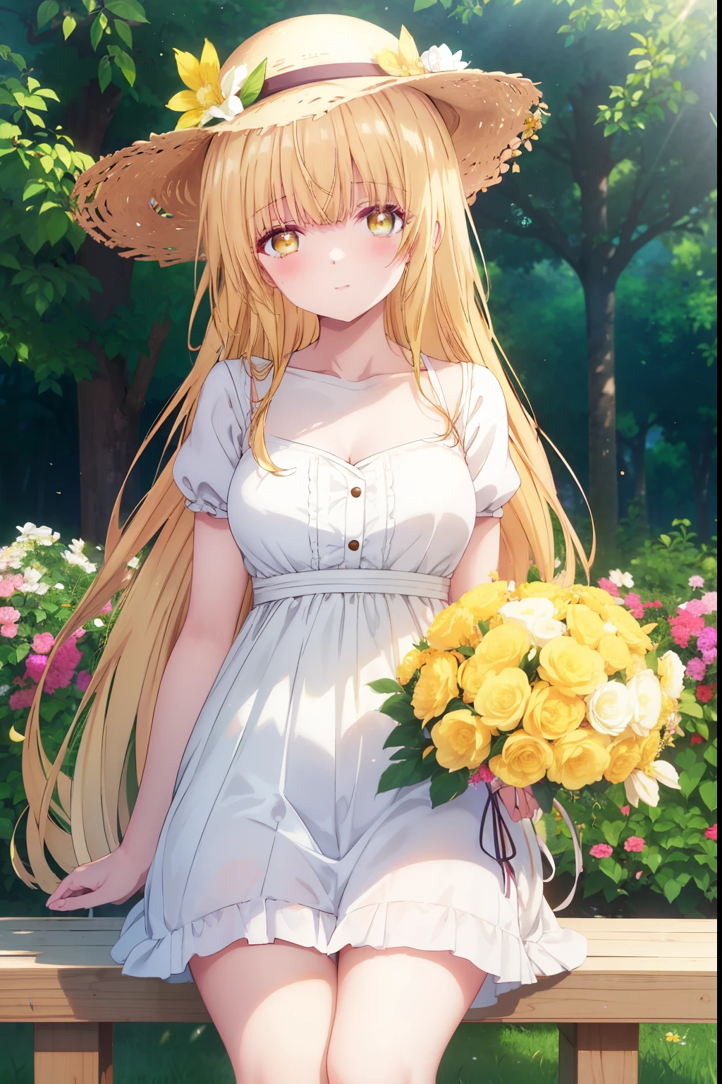 Mahiru shiina, , blonde, (Yellow Eyes:1.3)、Braided long hair,,blush,smile,Captivating thighs、Beautiful bare legs, Sideways armpit、Very cute short sleeve、Very beautiful garden、Holding a colorful bouquet💐、Wear a straw hat
(masterpiece:1.2), highest quality, High resolution, unity 8k wallpaper, (shape:0.8), (Beautiful and beautiful eyes:1.6), Highly detailed face, Perfect lighting, Highly detailed CG, (Perfect hands, Perfect Anatomy),