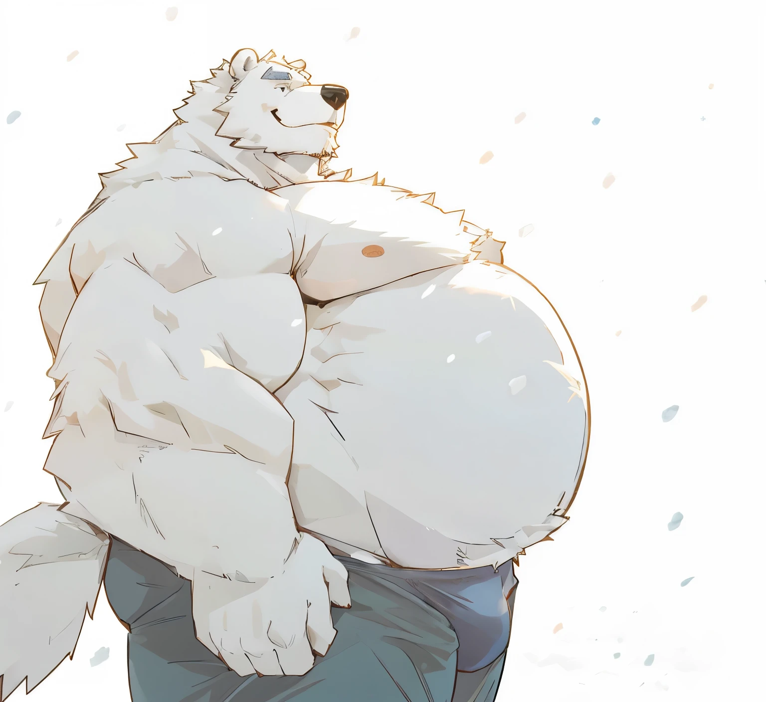 huge muscular and far, snow, long beards, old man, (furry bear), smile and happy, shirtless, topless, bulge, white bear, polar bear, lake