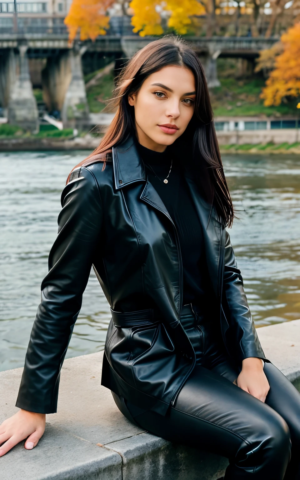 Woman sitting on a bench by the water, photo shoot, having fun, in leather coat, black coat, in black leather coat, sitting by the river, having fun, portrait shoot, autumn time, she walks along the river, young woman infp, black long hair 