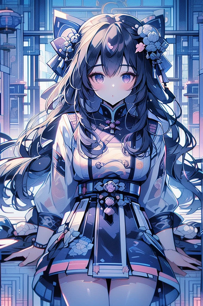 masterpiece, best quality, ultra realistic illustration, 16K, (HDR), high resolution, female_solo, (white long hair:1.3) , slender hot body proportion , smiling at viewer, 1 Japanese girl with blue eyes, (wearing beautiful long white shirt+loose cropped haori +bow tie+pleated black short skirt+stockings skirt+shoes:1.1), full-body shot, ( legs apart+showing black underwear) , (highly detailed background of ancient Japan buildings with cyberpunk style+neon lights:1.0),(pink +puple backing lighting, blue front lighting), add More Detail, Color magic,perfect fingers, girl, samurai, jp_school_uniform