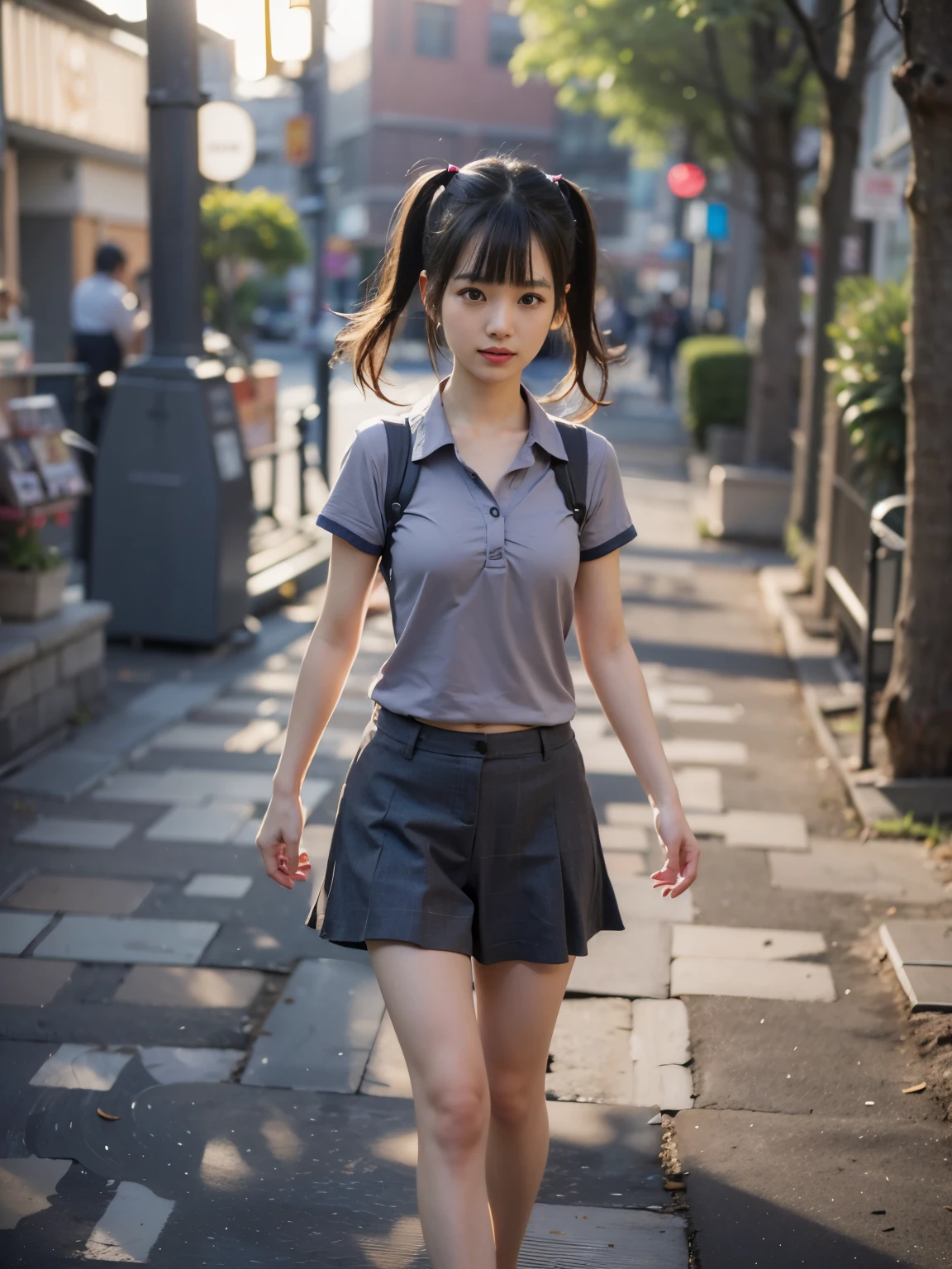 (masterpiece, best quality:1.2), (8k uhd, 16k, 32k, ultra high res), (photorealistic:1.37), (RAW photo), ultimate-realistic, ultimate-realistic details, ultimate-realistic texture, ultimate-intricate details, ultimate-realistic lighting, ultimate-realistic shadow, japanese girl, ultimate-cute face, ultimate-RAW skin, ultimate-realistic eyes, 1 japanese girl, Low twin tails,Black Hair,Medium Hair,smile,walking,look back,Medium chest,Casual clothing