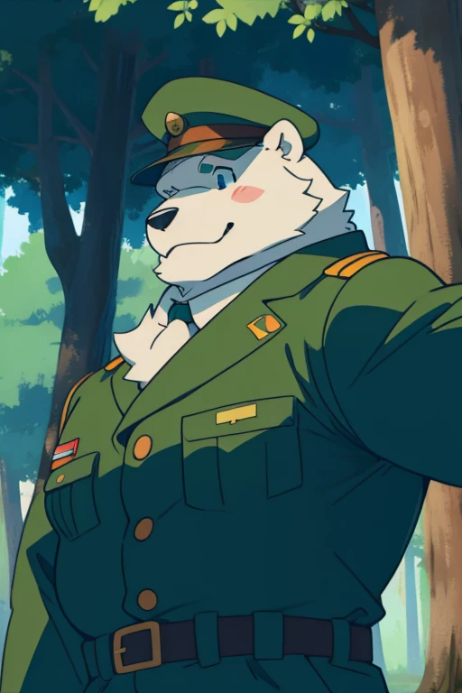 Polar Bear，Slightly fat，Shota，military uniform，forest（Detailed background 1.2）High Detail，Cartoon，cute,Soft lines，Soft lines of clothing