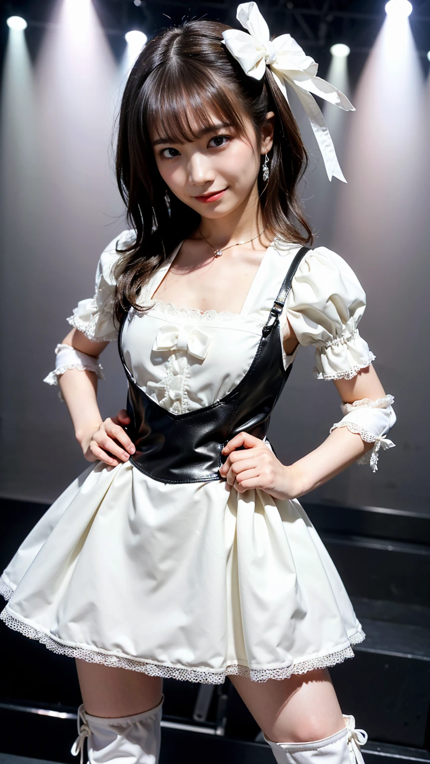 (8k、RAW Photos、highest quality、masterpiece:1.2)、(Realistic、Realistic)、1 girl、((smile、Ribbon on chest、Black and white dress、boots、Big Chest Hair、View from the front、stage、Spotlight、Pretty Cure Costume、Standing with hands on hips))、Lots of eyelashes、Glowing eyelids、skeletally correct