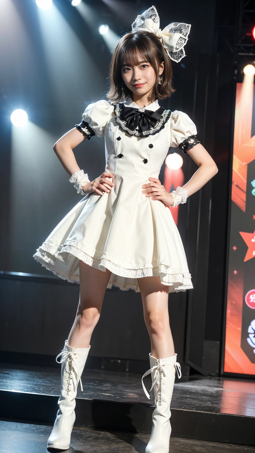 (8k、RAW Photos、highest quality、masterpiece:1.2)、(Realistic、Realistic)、1 girl、((smile、Ribbon on chest、Black and white dress、boots、Big Chest Hair、View from the front、stage、Spotlight、Pretty Cure Costume、Standing with hands on hips))、Lots of eyelashes、Glowing eyelids、skeletally correct