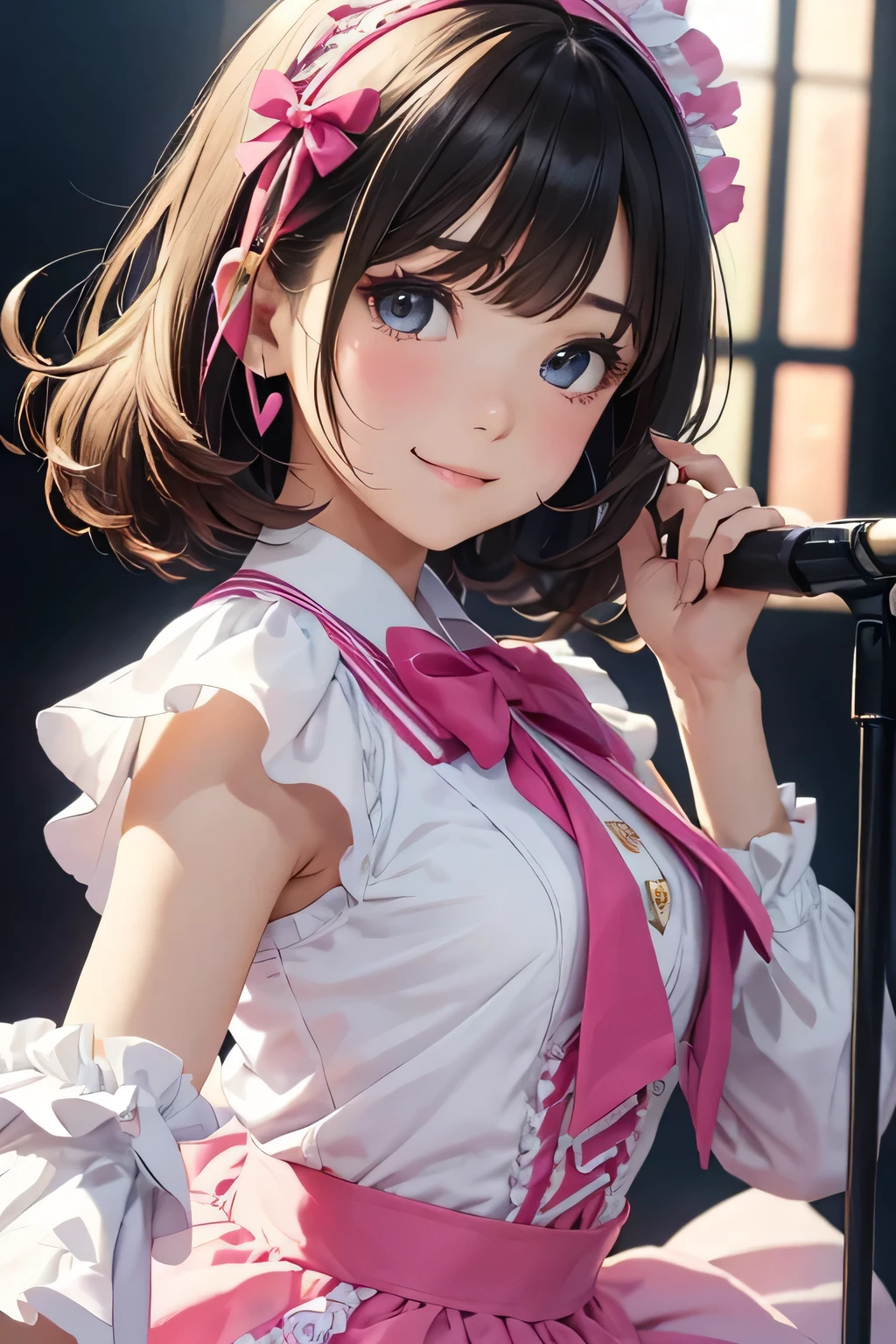 highest quality、High resolution、Detailed Background、(Beautiful face in every detail:1.4)、Anatomically correct、(Detailed facial expressions)、(Detailed eyes:1.2)、(Detailed eyes:1.2)、Teenage beauty、(Highly detailed face:1.4)、Brightly colored hair、well-groomed eyebrows、Cosplay-style sailor dress、No sleeve、White Stockings、Smiling and dancing on stage、A big smile、Impressive、Uplifting、Idol Style、Show your side、
Bright colors and pop colors、pink、yellow、Pastel colors etc.、Ruffles and laces、Sleeves and hems of clothing、Ruffles and laces are applied to the collar etc.、Animal and floral patternotifs such as hearts、Dresses and skirts、Femininity and cuteness、Hair accessories and ribbons