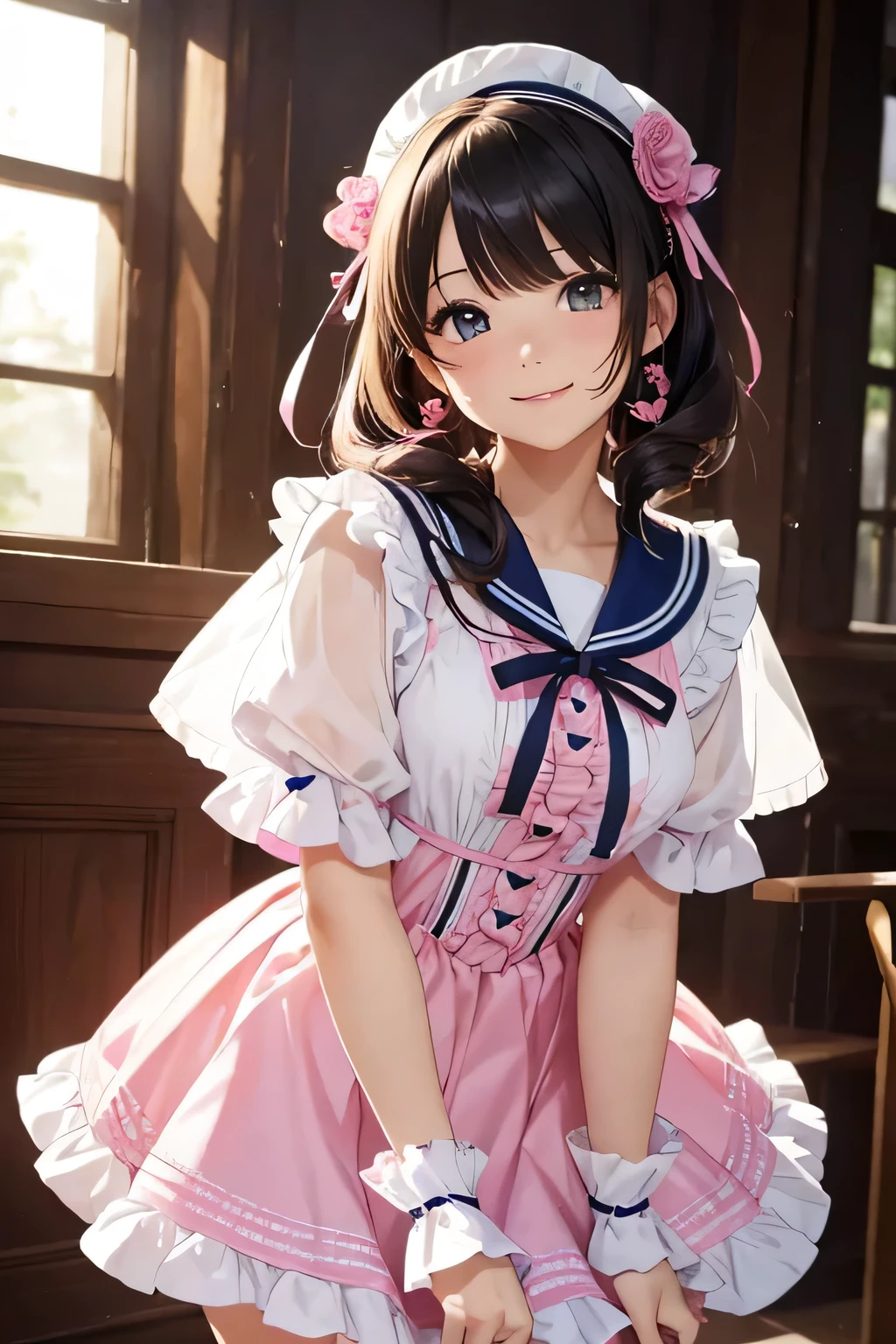 highest quality、High resolution、Detailed Background、(Beautiful face in every detail:1.4)、Anatomically correct、(Detailed facial expressions)、(Detailed eyes:1.2)、(Detailed eyes:1.2)、Teenage beauty、(Highly detailed face:1.4)、Brightly colored hair、well-groomed eyebrows、Cosplay-style sailor dress、No sleeve、White Stockings、Smiling and dancing on stage、A big smile、Impressive、Uplifting、Idol Style、Show your side、
Bright colors and pop colors、pink、yellow、Pastel colors etc.、Ruffles and laces、Sleeves and hems of clothing、Ruffles and laces are applied to the collar etc.、Animal and floral patternotifs such as hearts、Dresses and skirts、Femininity and cuteness、Hair accessories and ribbons