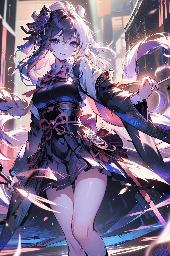 masterpiece, best quality, ultra realistic illustration, 16K, (HDR), high resolution, female_solo, (white long hair:1.3) , slender hot body proportion , smiling at viewer, 1 Japanese girl with blue eyes, (wearing beautiful long white shirt+loose cropped haori +bow tie+pleated black short skirt+stockings skirt+shoes:1.1), full-body shot, ( legs apart+showing black underwear) , (highly detailed background of ancient Japan buildings with cyberpunk style+neon lights:1.0),(pink +puple backing lighting, blue front lighting), add More Detail, Color magic,perfect fingers, girl, samurai, jp_school_uniform